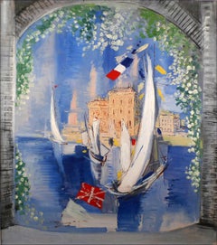 "Vista del portal - Barcos de vela en el puerto", Siglo XX Óleo sobre masonita de Ism. de la Serna