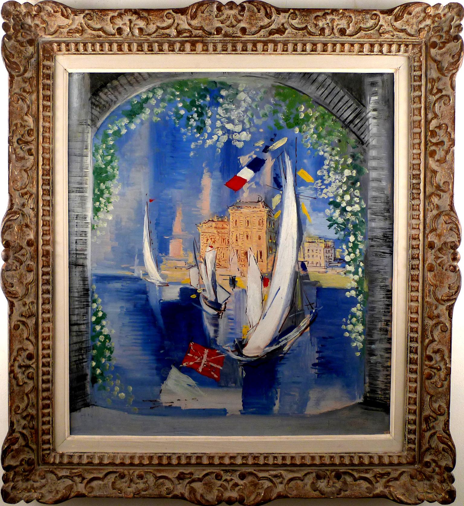 Ismael de la Serna Landscape Painting – ""Portal View-Sailboats in Harbour", 20. Jahrhundert, Öl auf Masonit von Ism. de la Serna