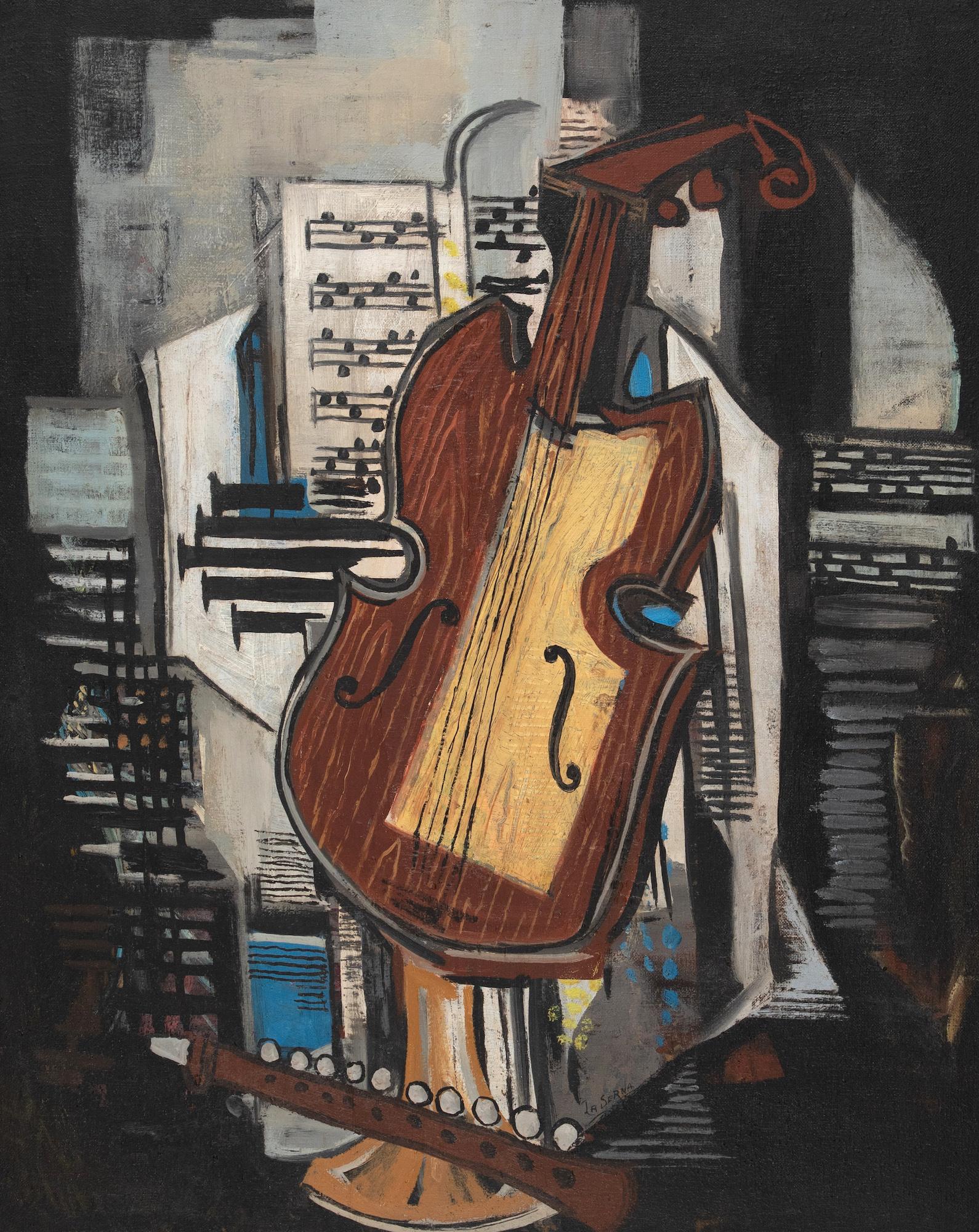 Stilleben mit Geige	Kubistisches Gemälde von Ismael de la Serna, Stillleben