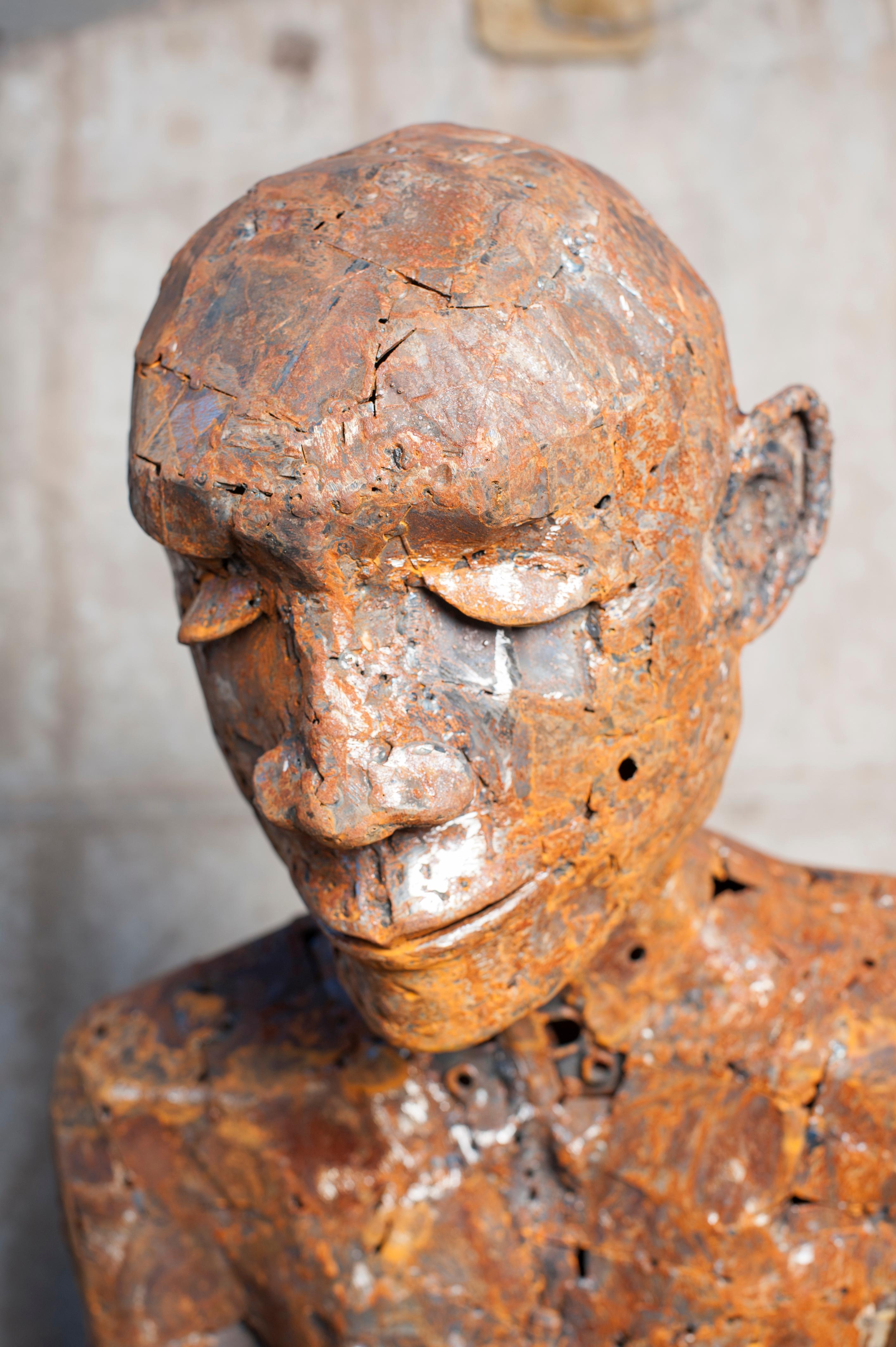 Crazy Artist, Ismael Shivute, Reclaimed welded metal, wooden base For Sale 4