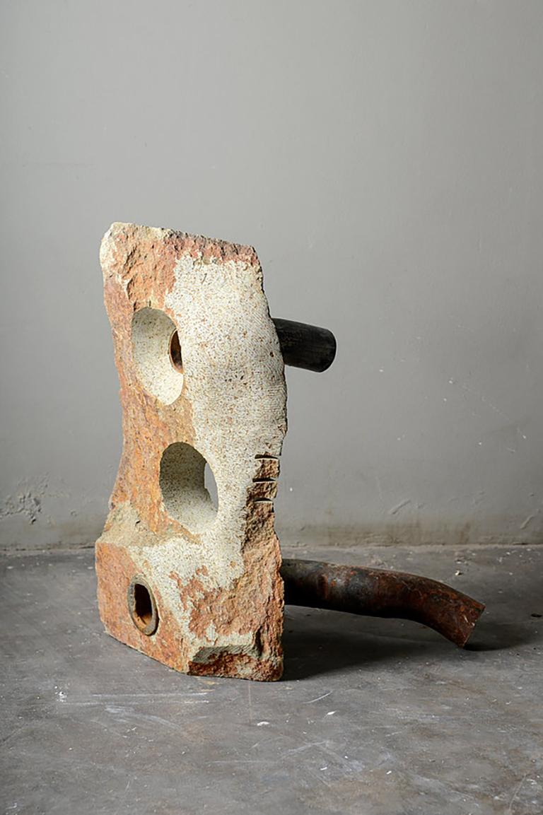 Juncture, 2020. Soapstone  and Reclaimed Metal

Hailing from northern Namibia, Ismael Shivute studied Sculpture and Product Development in the Department of Visual Arts at the College of the Arts. Shivute has participated in many group exhibitions