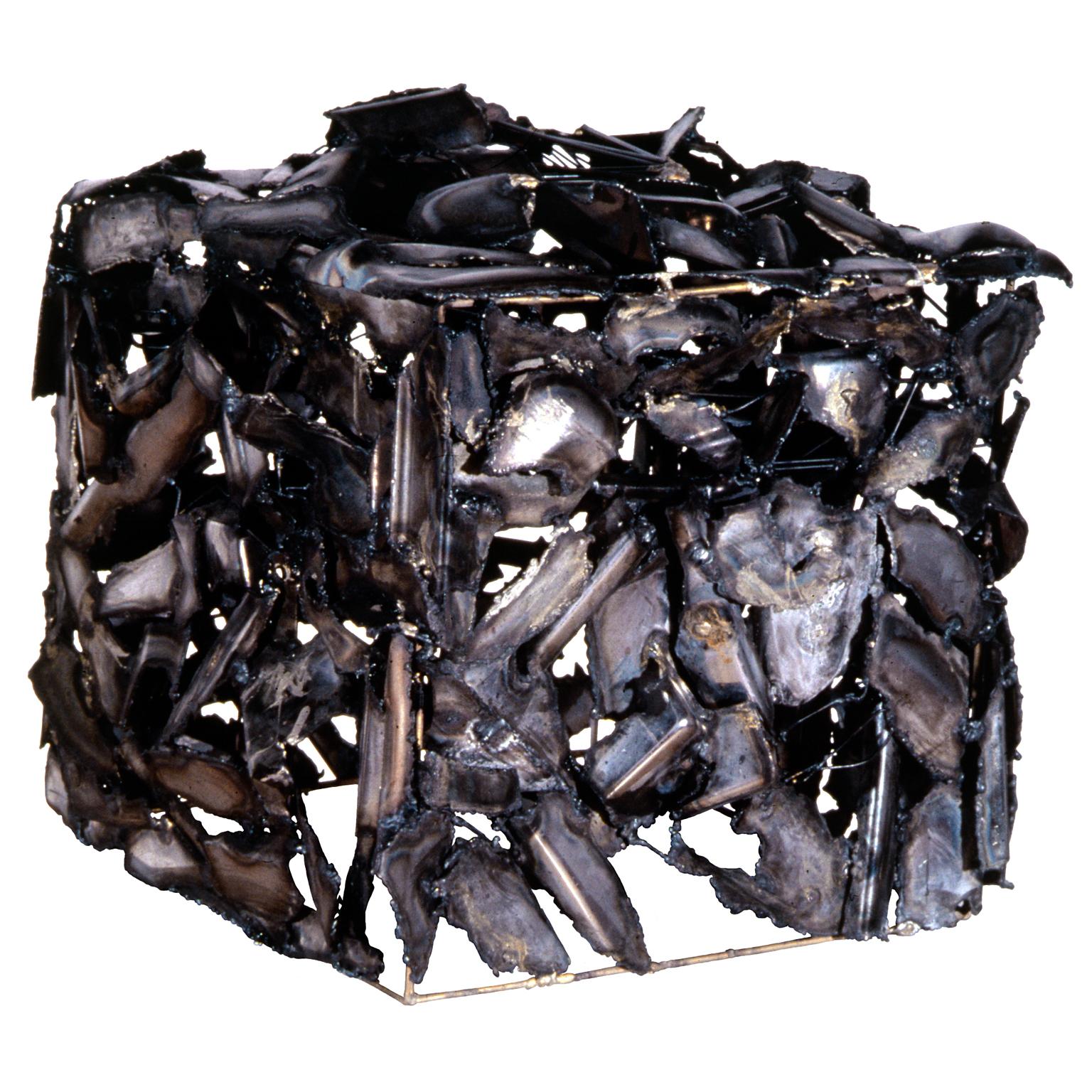Isobel Folb Sokolow Abstract Sculpture - "m=E/c²", Abstract, Metal Cube Sculpture in Welded Steel