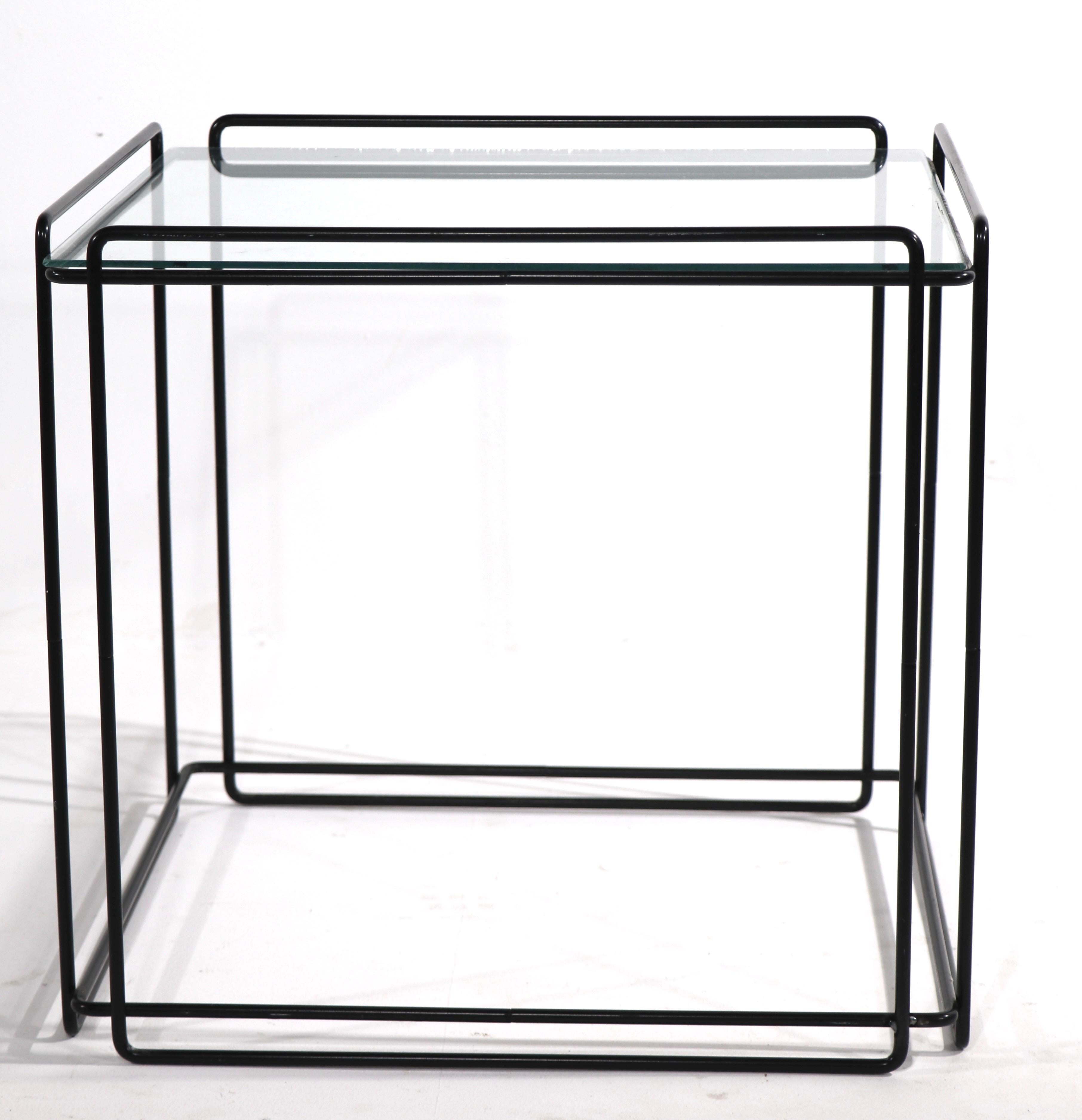 Metal and glass cube table designed by Max Sauze for Attro, France circa 1970's. This example is in very good, clean, and ready to use condition.