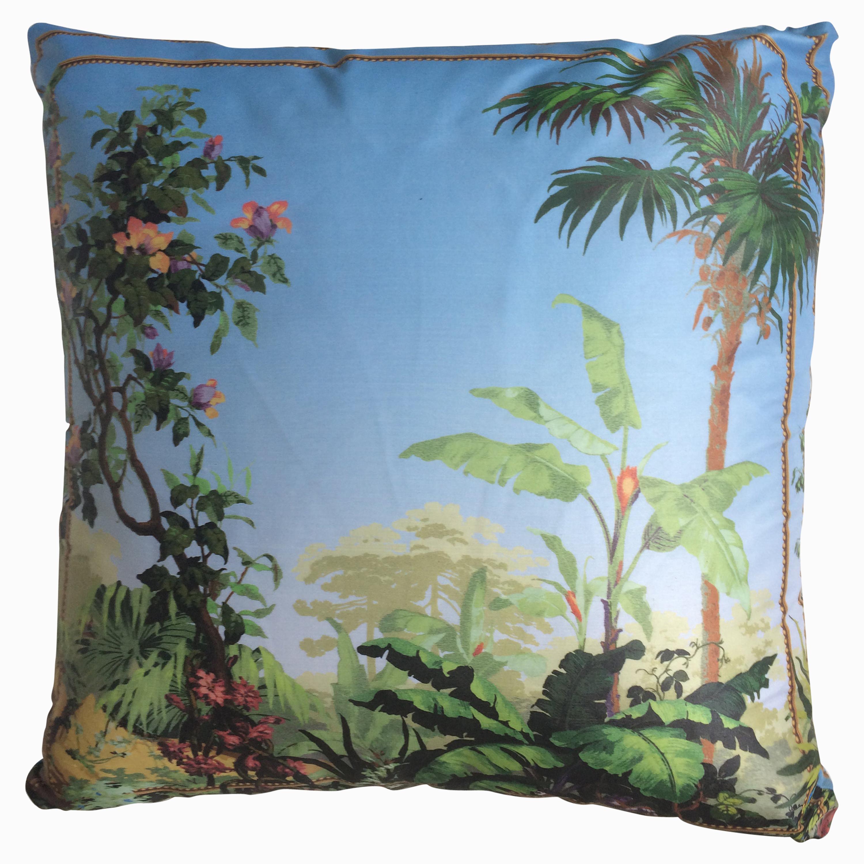 "Isola Bella Palm" Silk Throw Pillow in Polychrome by Zuber For Sale