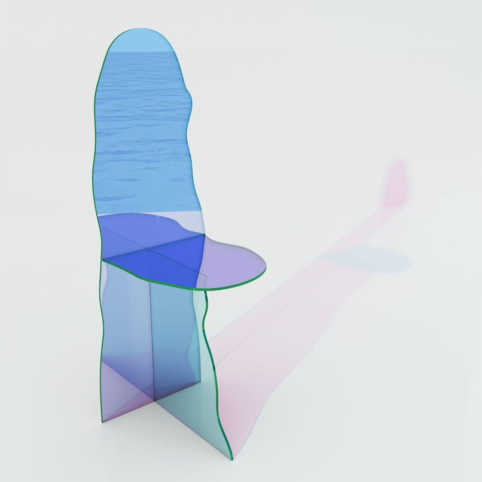 Isola chair by Brajak Vitberg
Dimensions: 43 x 55 x 120 cm
Materials: Dichroic glass

Bijelic and Brajak are two architects from Ljubljana, Slovenia.
They are striving to design craft elements and make them timeless through experimental