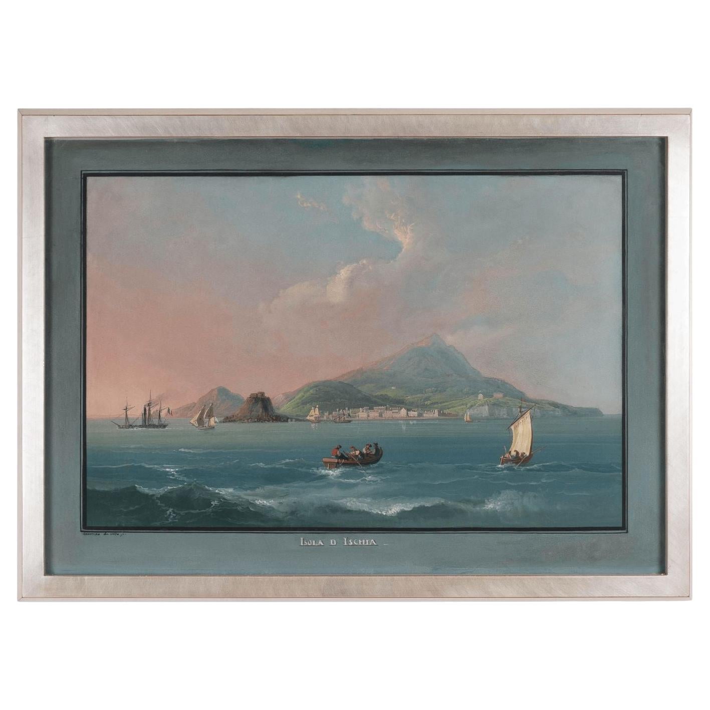 "Isola D’Ischia" Grand Tour Style Gouache Painting by Camillo Divito, c. 1815 For Sale
