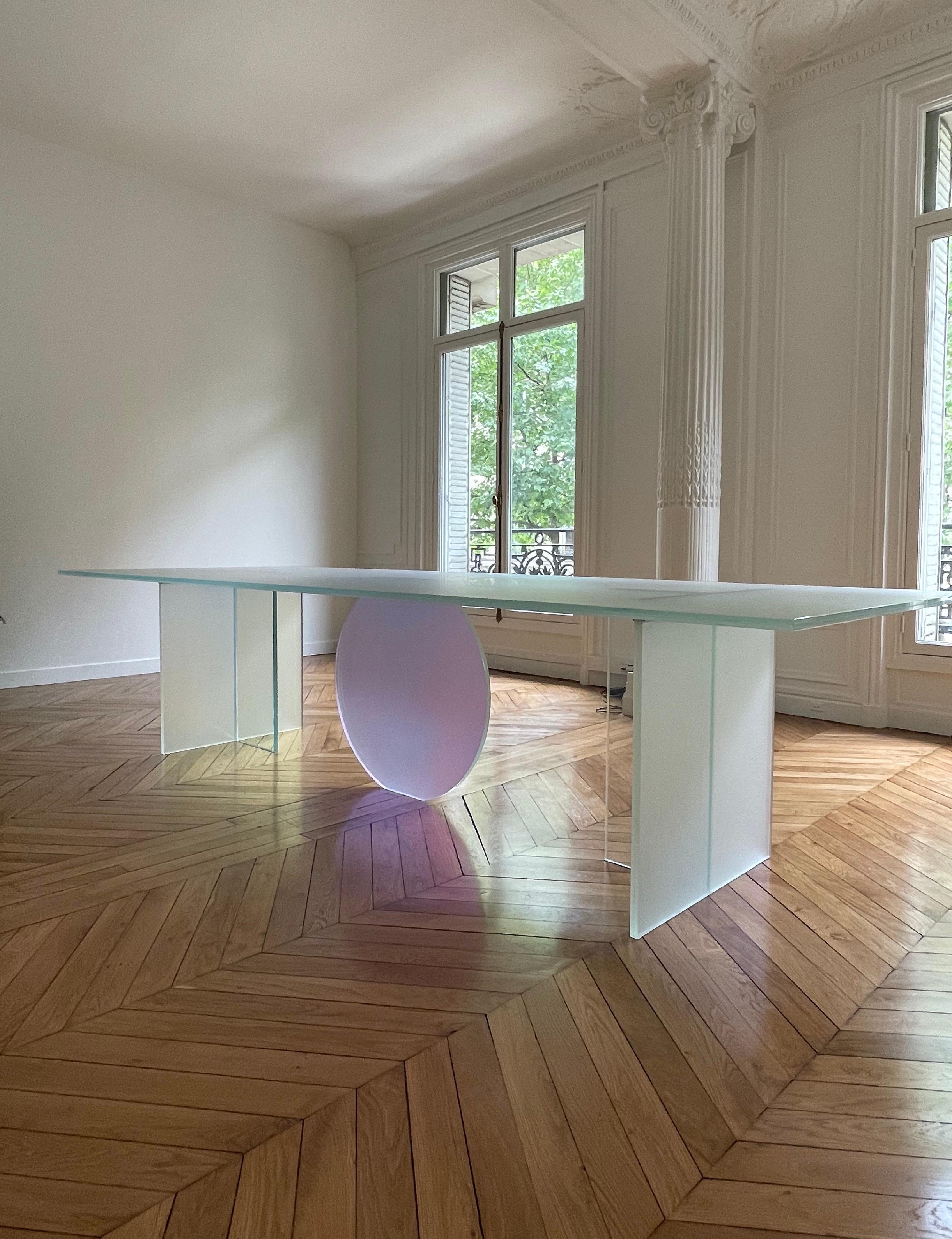 Isola satin dining table by Brajak Vitberg
One of a kind.
Dimensions: H 75cm x D 320 cm x W 120 cm.
Materials: laminated dichroic satin glass.

The table is made out of glass with satin finish and dichroic insert. The colors in this kind of