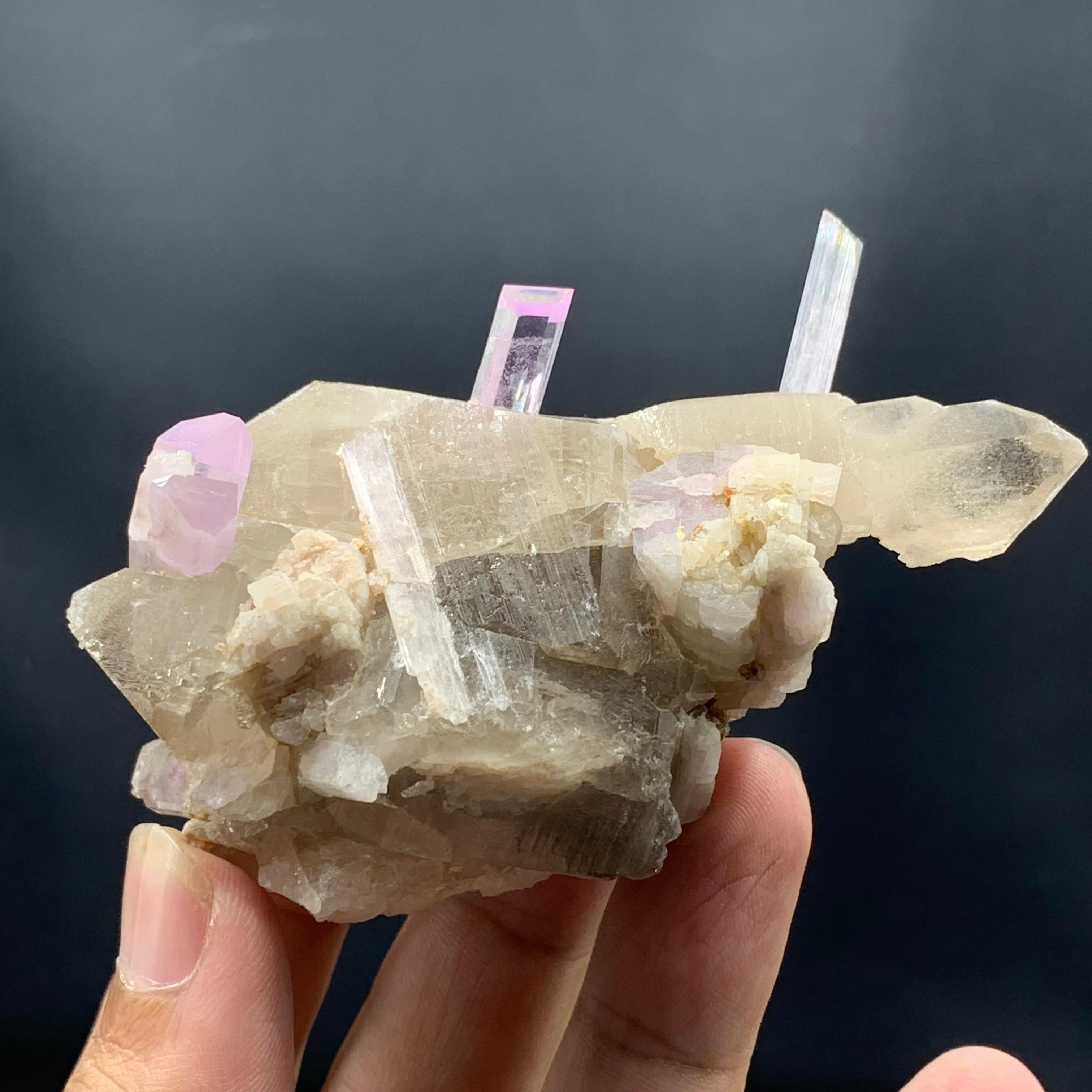 Cristal de roche Crystals de kunzite allongés et dorés sur quartz fumé d'Afghanistan en vente