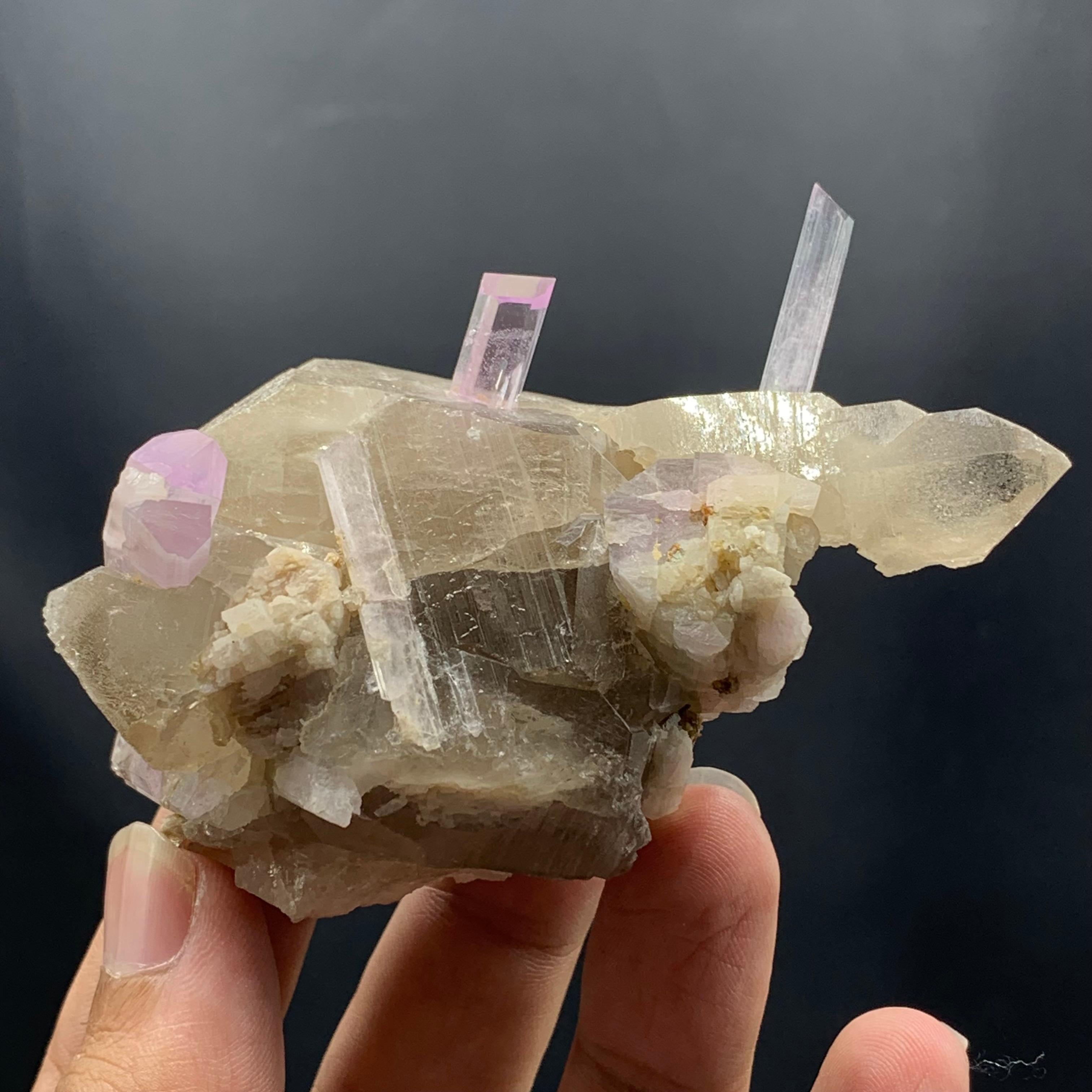 Crystals de kunzite allongés et dorés sur quartz fumé d'Afghanistan en vente 1