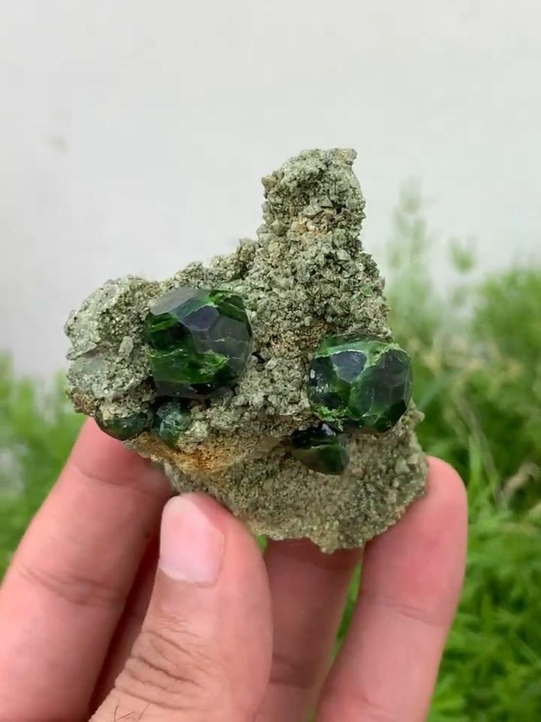 Non taillé Crystals de grenat démantoïde de couleur vert émeraude enchâssés sur matrice d'Iran en vente