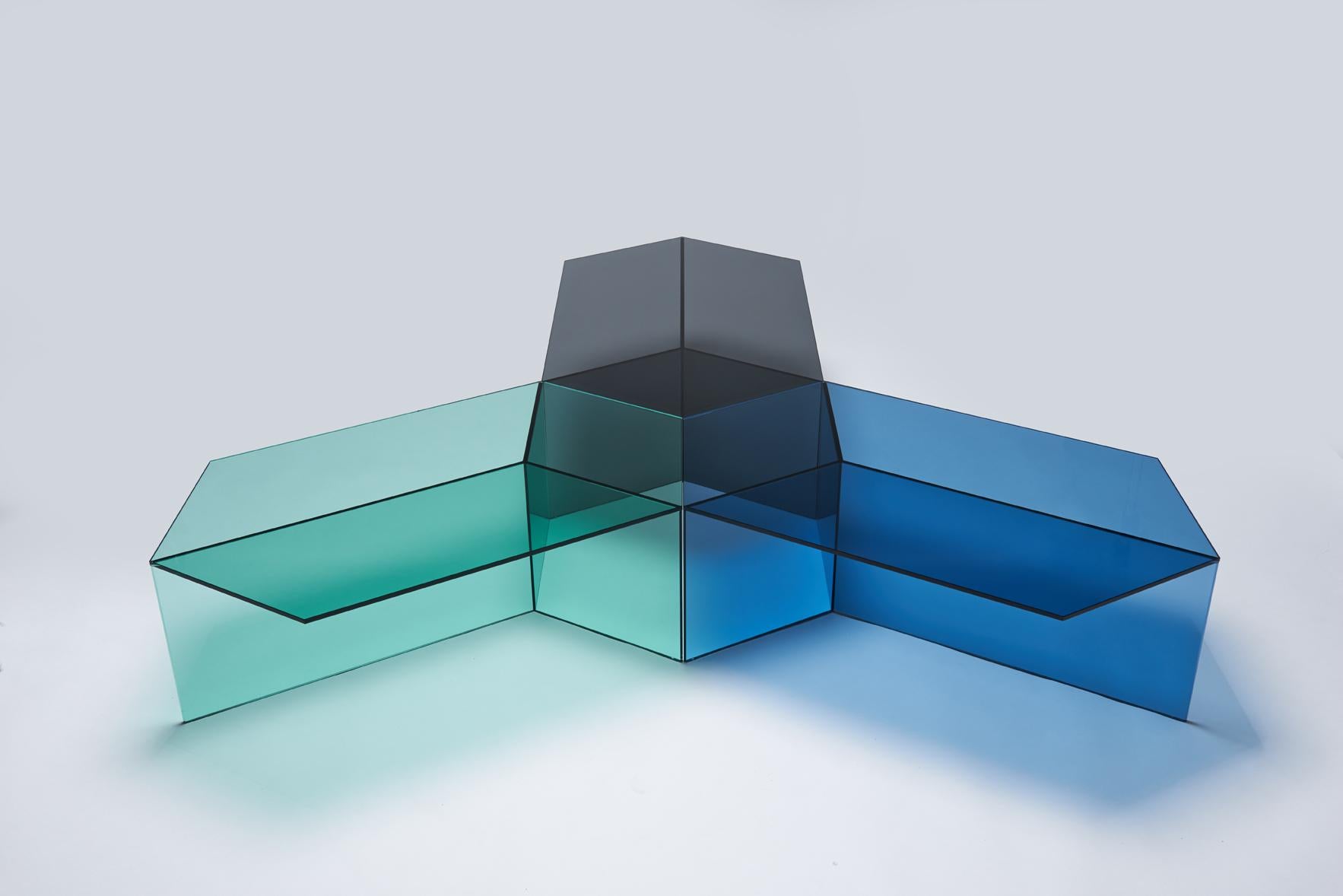 Tempered Isom Oblong Blue Side Table by Sebastian Scherer for Neo Craft, Made in Germany For Sale