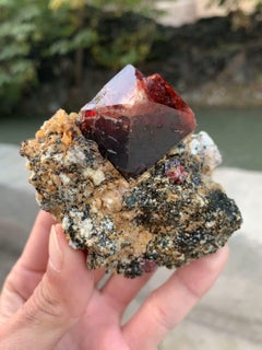 Isometric Red Zircon Crystal On Graphite And Calcite Matrix From Pakistan