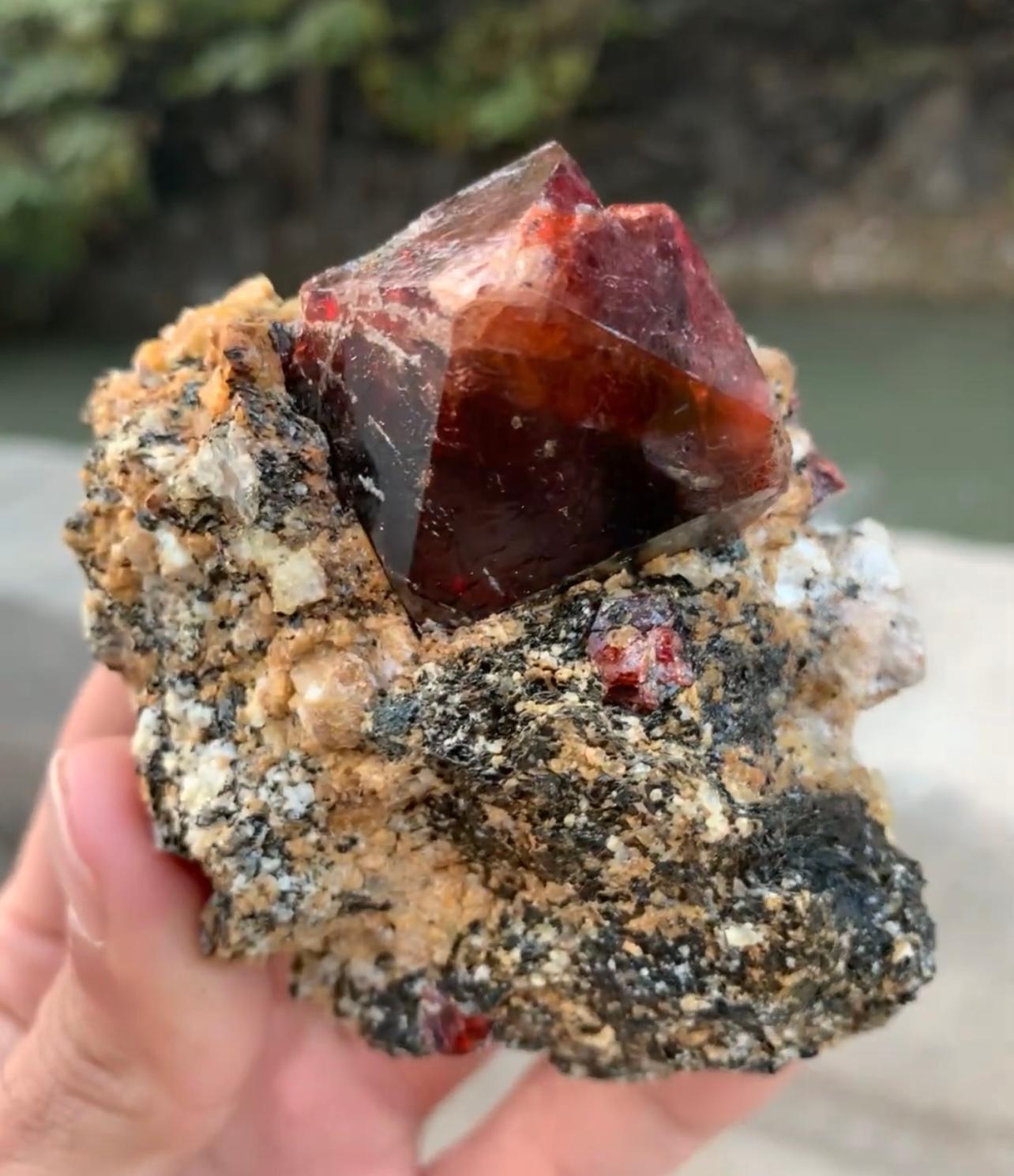 Adam Style Isometric Red Zircon Crystal On Graphite And Calcite Matrix From Pakistan For Sale