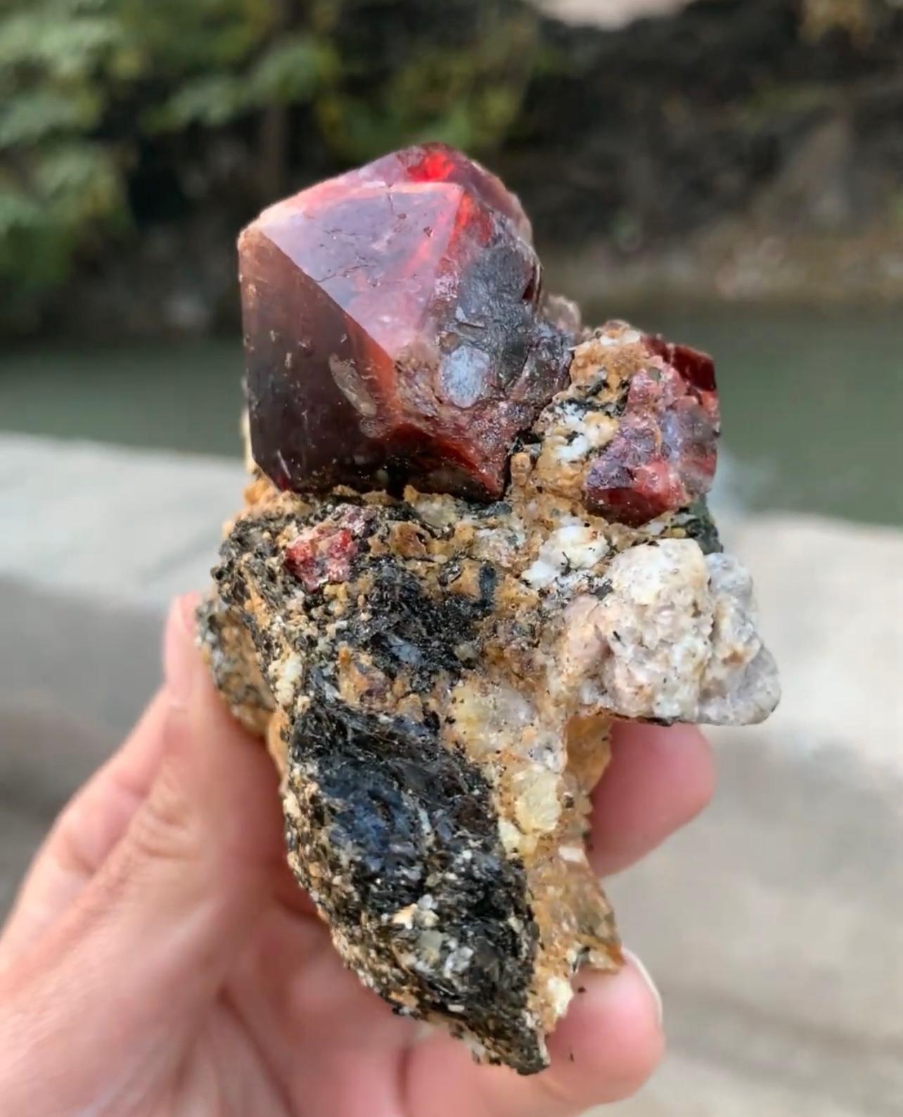 Pakistani Isometric Red Zircon Crystal On Graphite And Calcite Matrix From Pakistan For Sale