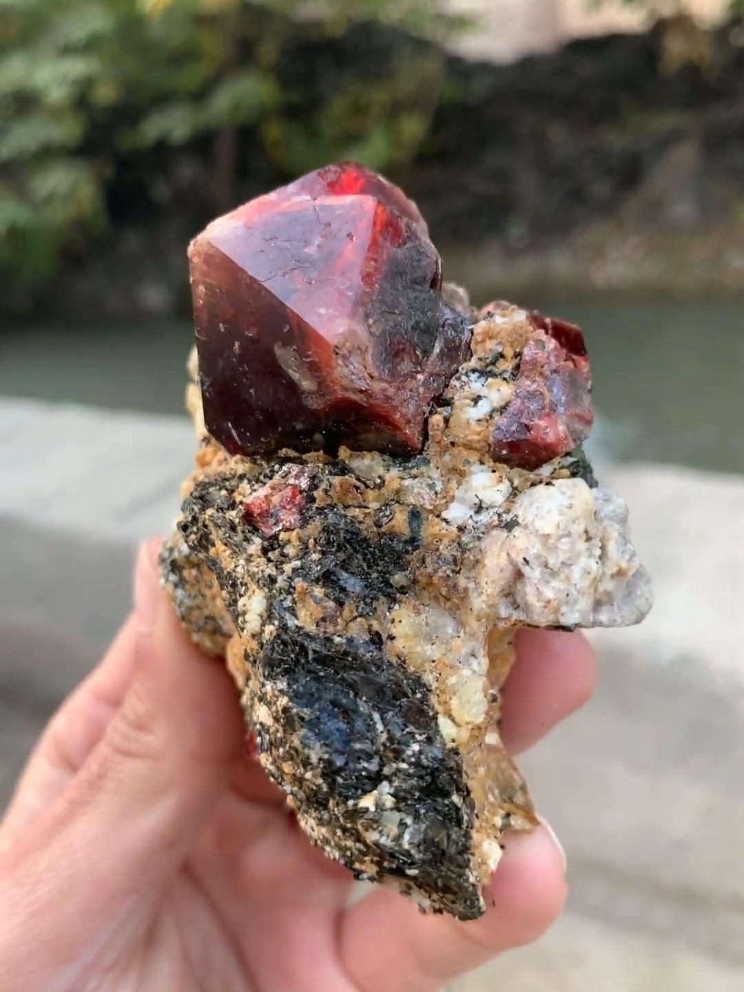 Uncut Isometric Red Zircon Crystal On Graphite And Calcite Matrix From Pakistan For Sale