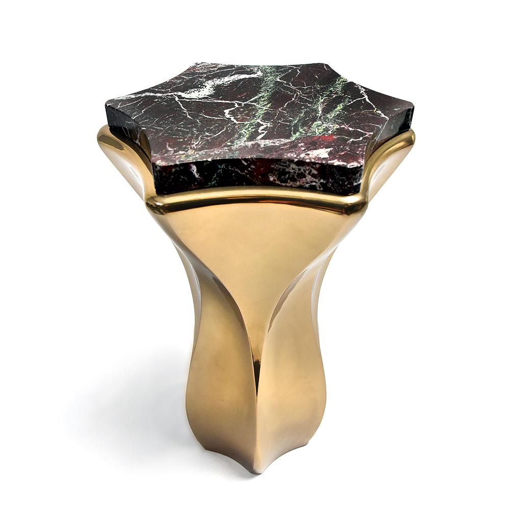 American Isomorphic Star Table - Polished Bronze on Stainless Steel, Marble Top For Sale