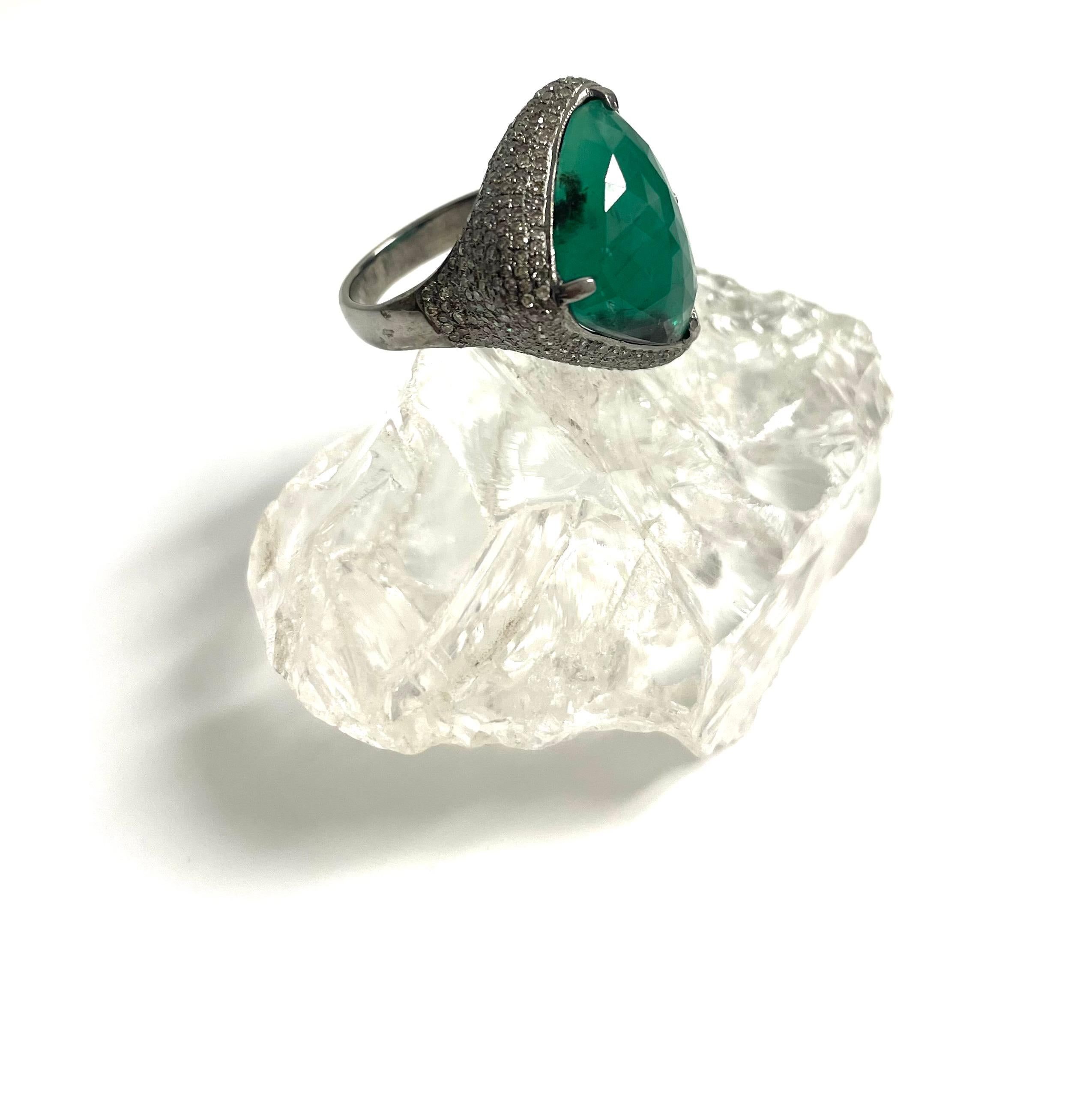 Isosceles Triangle Faceted Emerald with Pave Diamond Ring For Sale 2