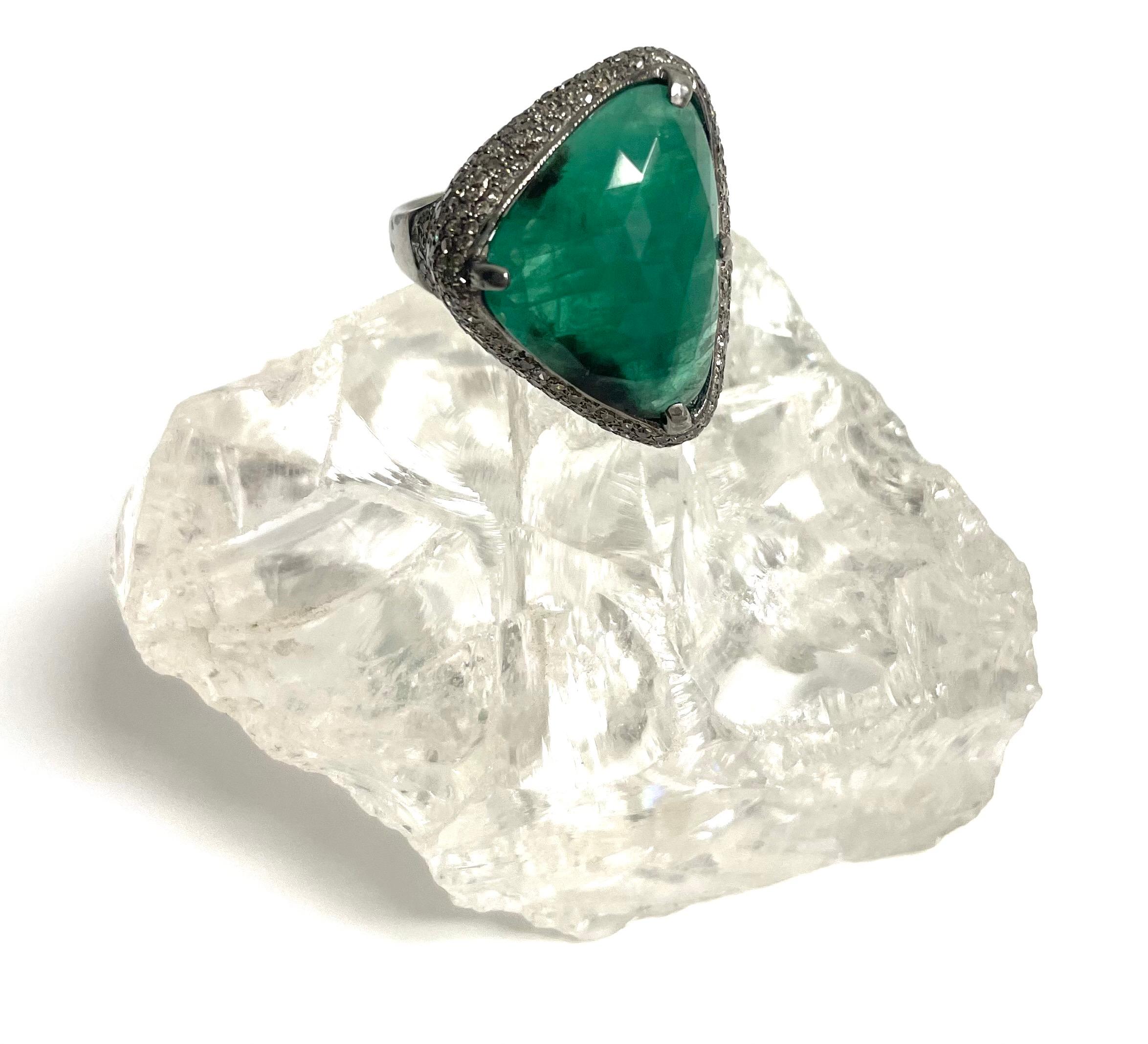 Isosceles Triangle Faceted Emerald with Pave Diamond Ring For Sale 4
