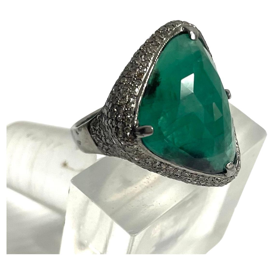 Artisan Isosceles Triangle Faceted Emerald with Pave Diamond Ring For Sale
