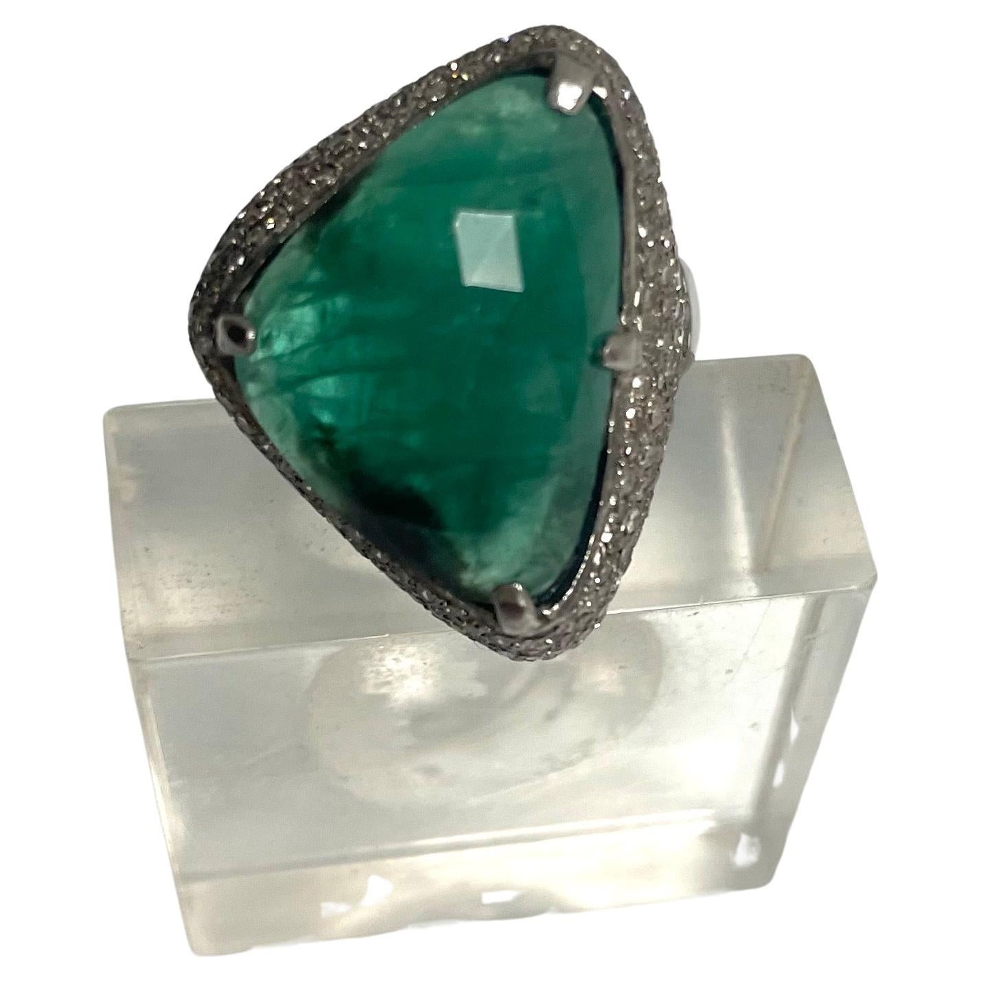 Trillion Cut Isosceles Triangle Faceted Emerald with Pave Diamond Ring For Sale