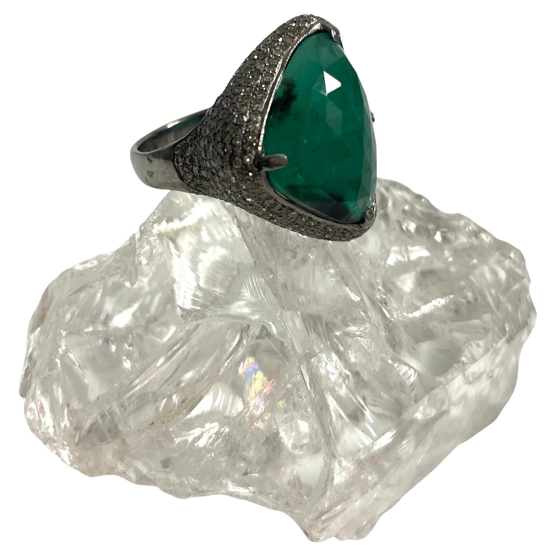Women's Isosceles Triangle Faceted Emerald with Pave Diamond Ring For Sale