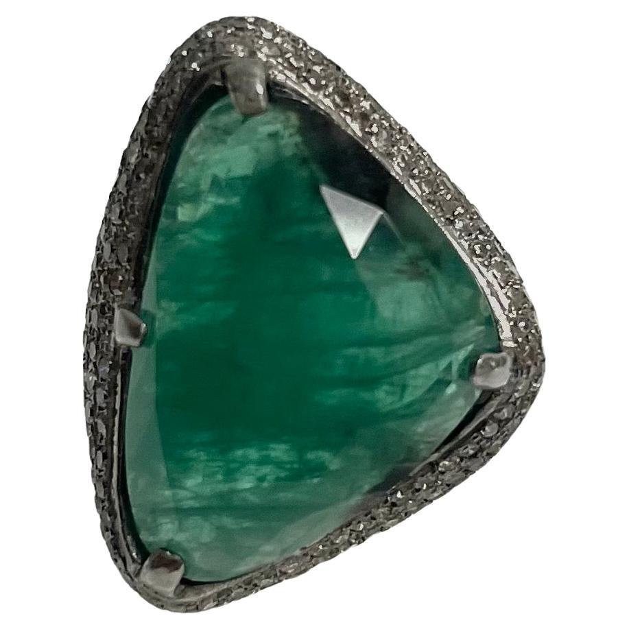 Isosceles Triangle Faceted Emerald with Pave Diamond Ring For Sale
