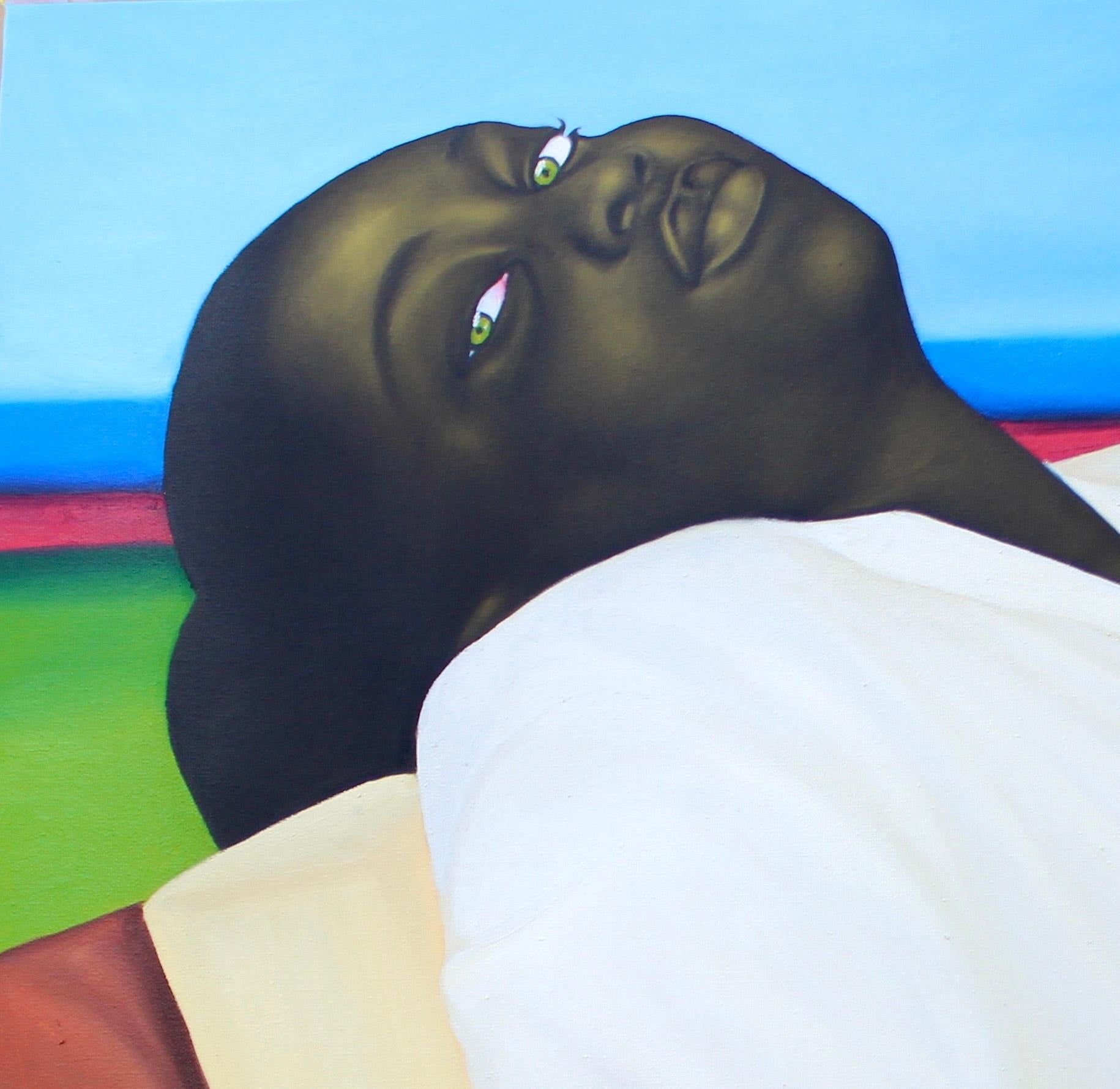 In Isinmi (Rest) — from the Yoruba word meaning “rest” or “peace” — Israel Agboola Oladapo captures a moment of quiet release and introspection. Reclined against a chair and framed by a serene horizon, the sitter’s upward gaze and softened posture
