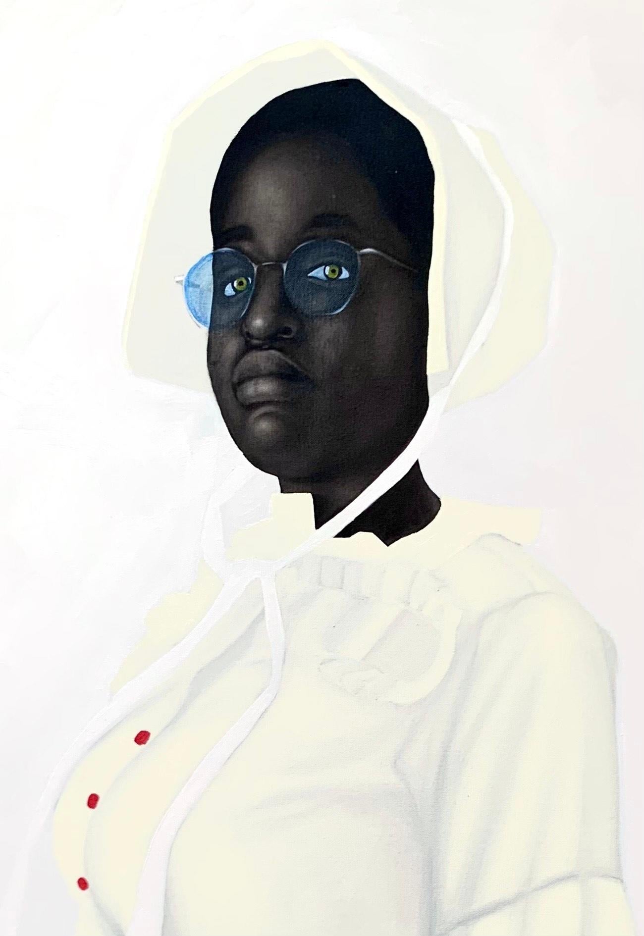 Dame in Weiß III - Gemälde, Kohle, Öl und Acryl auf Leinen (Zeitgenössisch), Painting, von Israel Agboola Oladapo