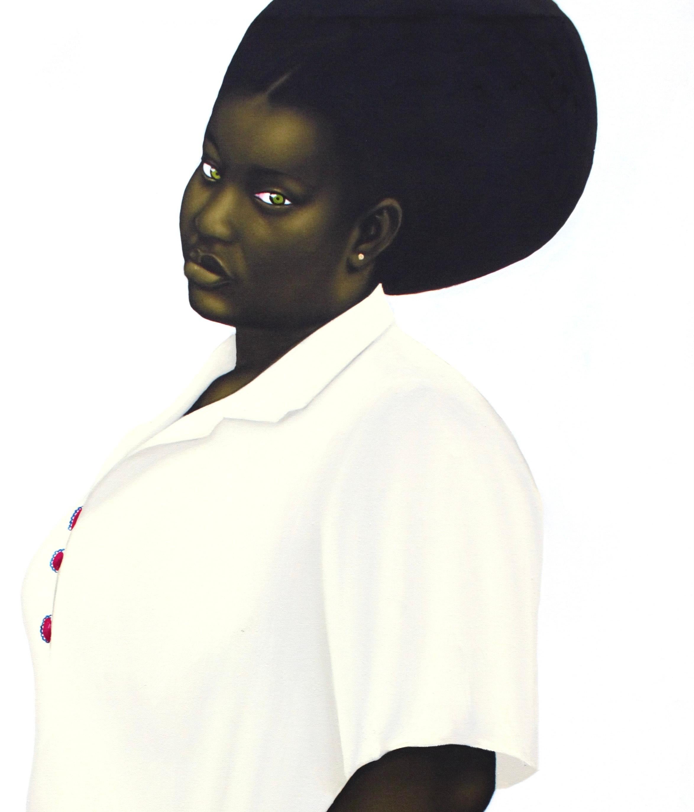 Israel Agboola Oladapo
Within, 2025
Charcoal, oil and acrylic on linen
152.4 × 91.4 cm  60 × 36 in

In Within, Israel Agboola Oladapo captures a moment of poised introspection. The figure stands in quiet confidence, her gaze steady yet