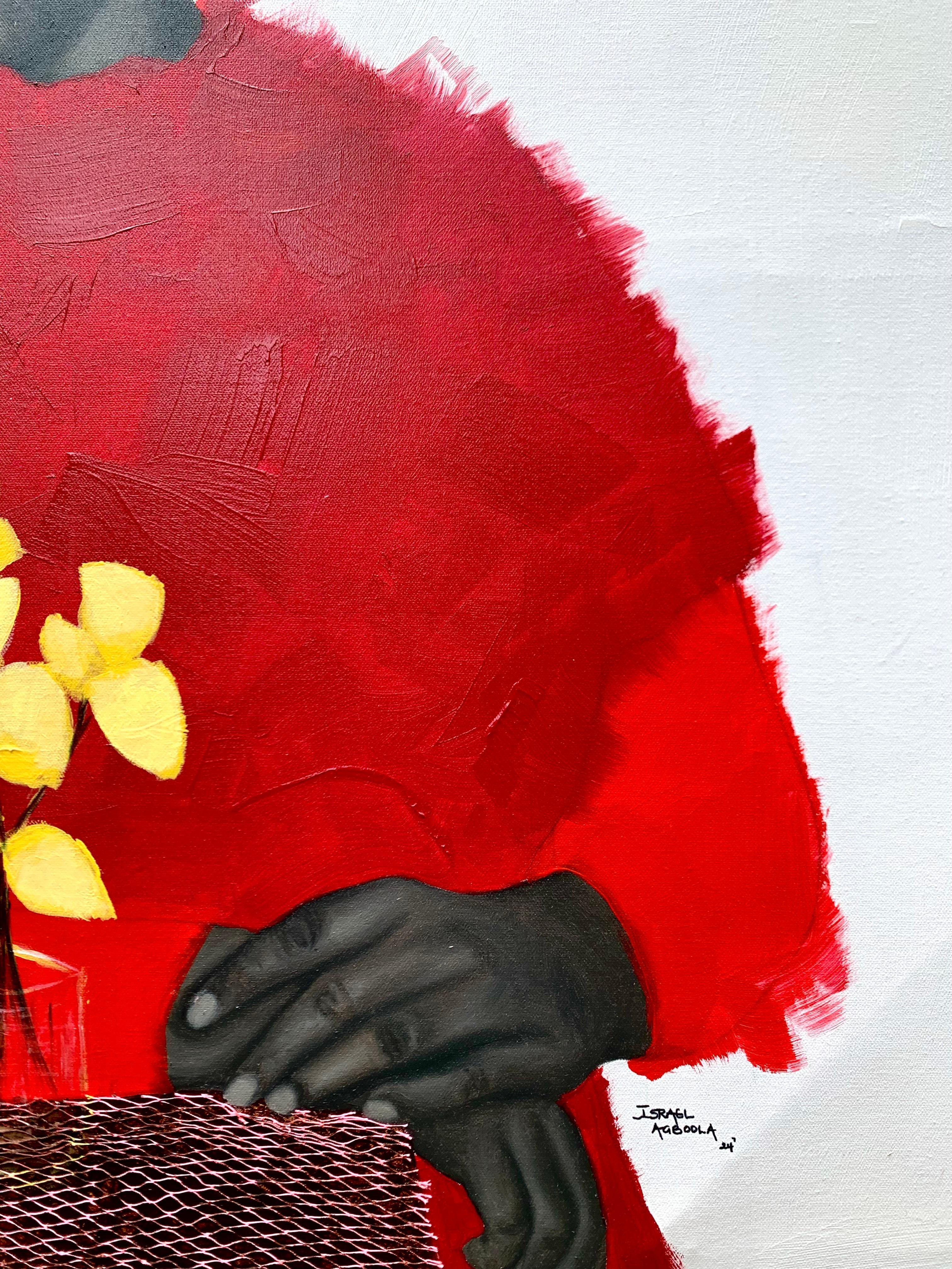 Fleur jaune - Peinture, huile, acrylique et éponge sur lin - Contemporain Painting par Israel Agboola Oladapo
