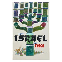 ISRAEL FLY TWA Original Vintage Airline Travel Menorah Poster Affiche MCM KLEIN