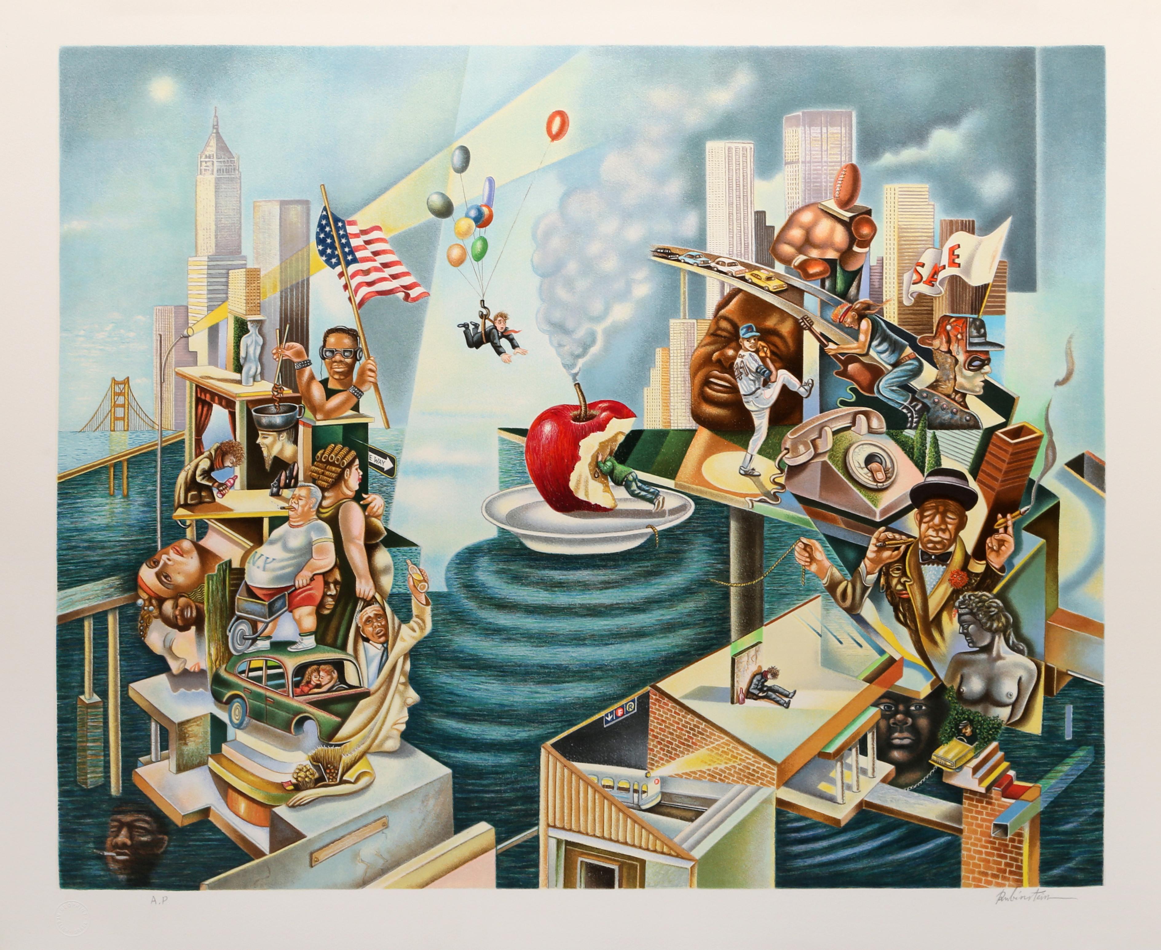 Israel Rubinstein Print - The Big Apple, Surrealist Screenprint by Israel Rubistein