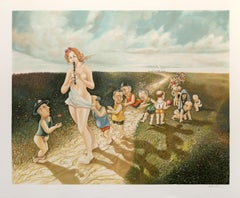 The Pied Piper aus Hamelin, surrealistischer Siebdruck von Israel Rubinstein