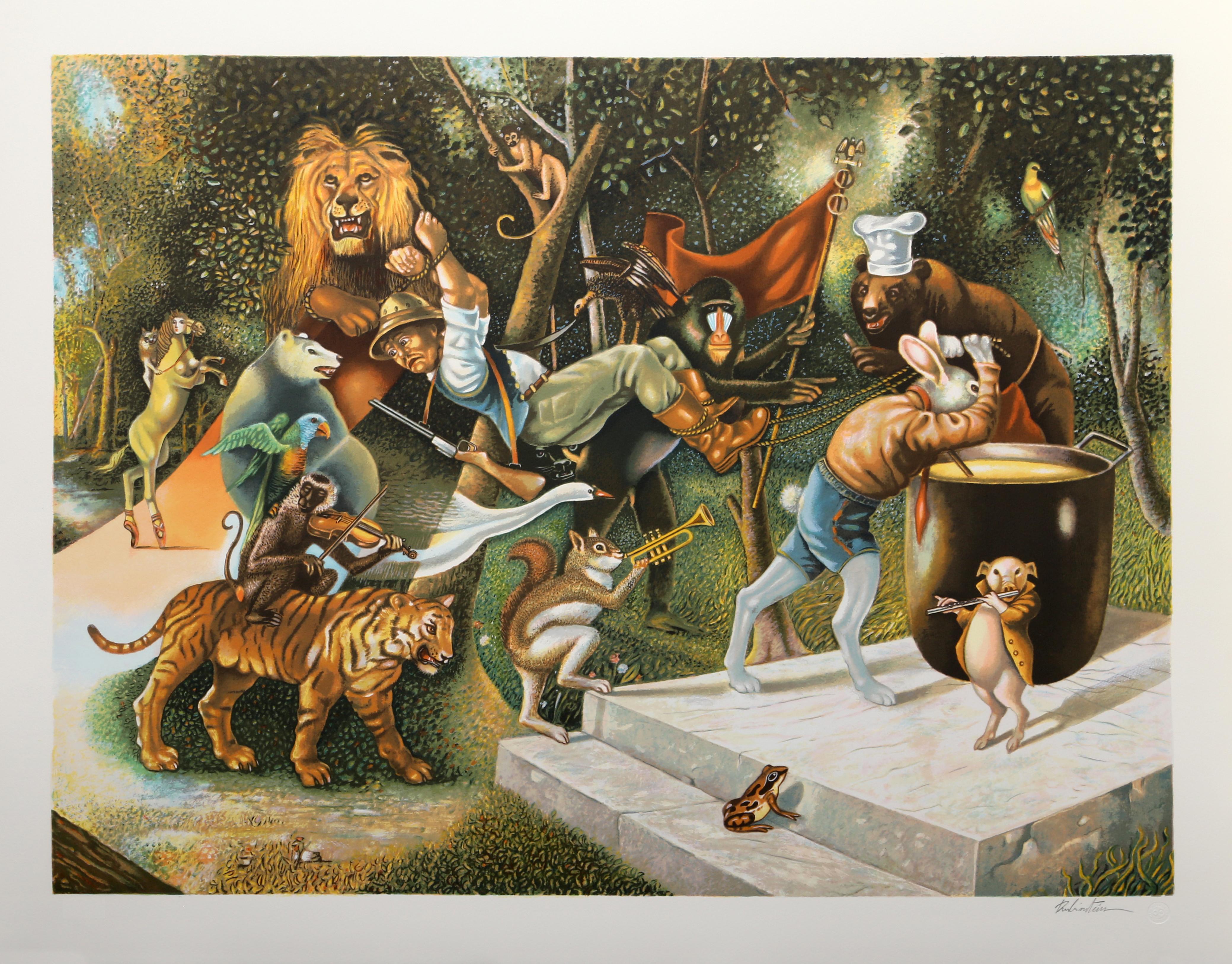 Surrealistischer Siebdruck „Die Jäger“ von Israel Rubinstein – Print von Israel Rubinstien