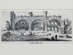 17th century engraving black and white landscape ancient building scene