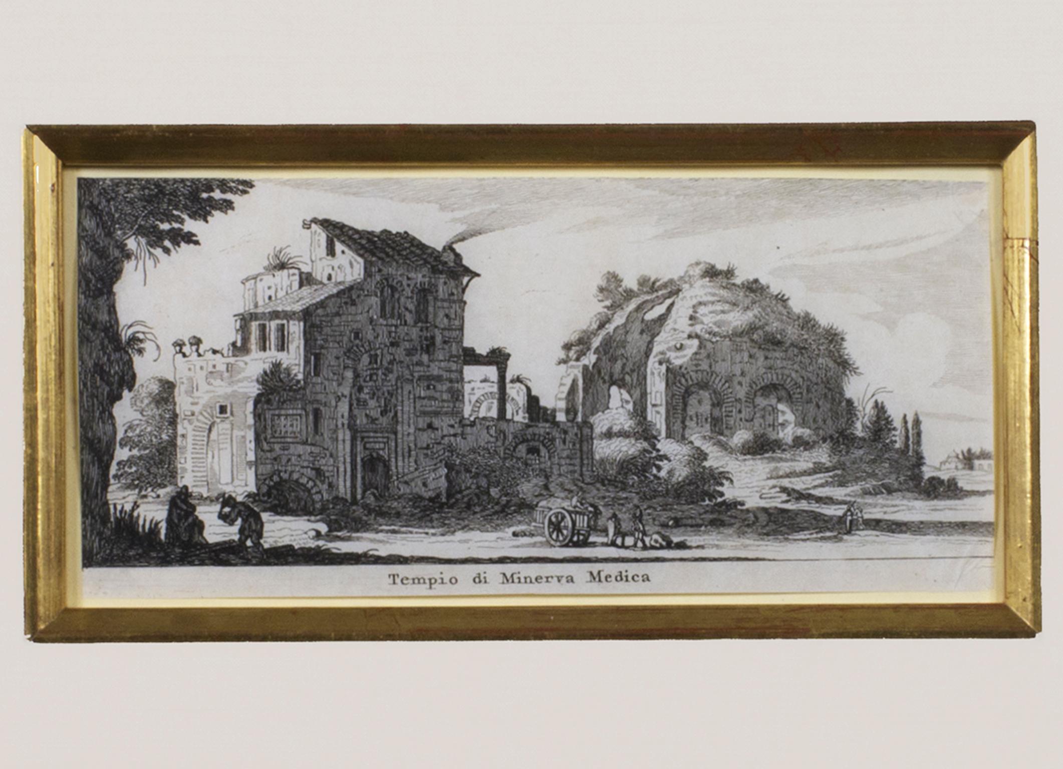 Grabado del siglo XVII paisaje en blanco y negro escena de edificio antiguo