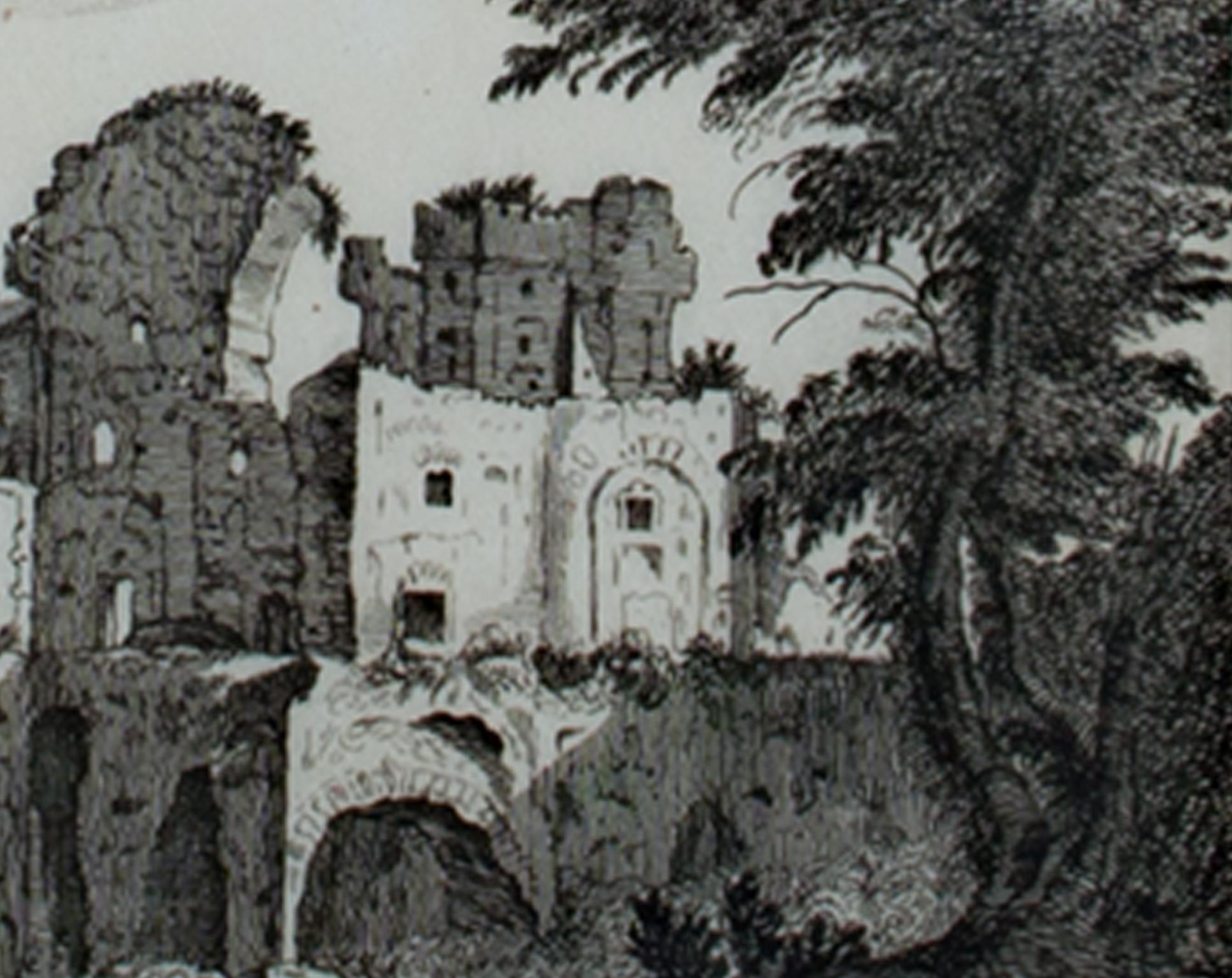 17th century engraving black and white landscape ancient building scene - Baroque Print by Israel Silvestre