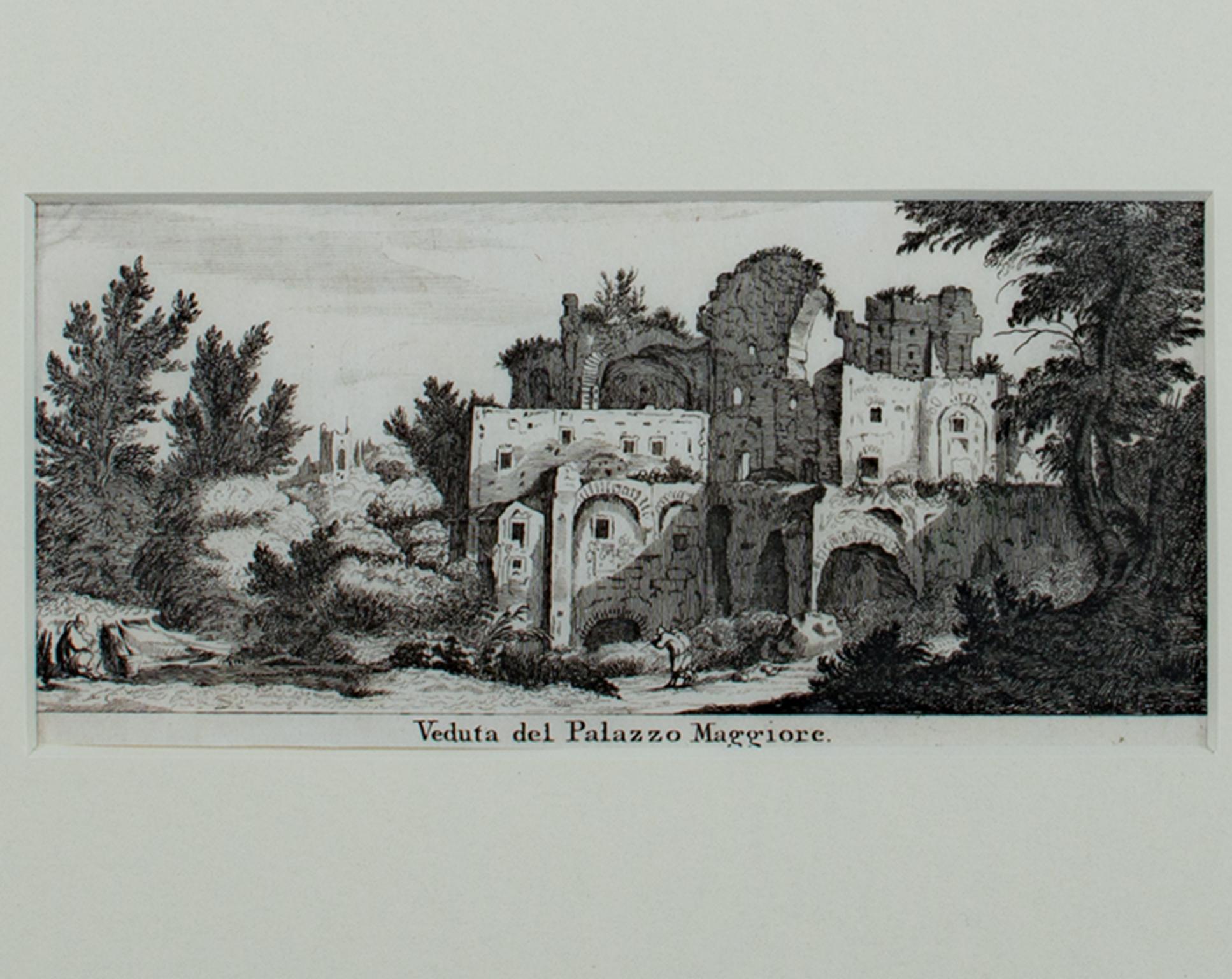 Incisione del XVII secolo in bianco e nero paesaggio antico scena di un edificio