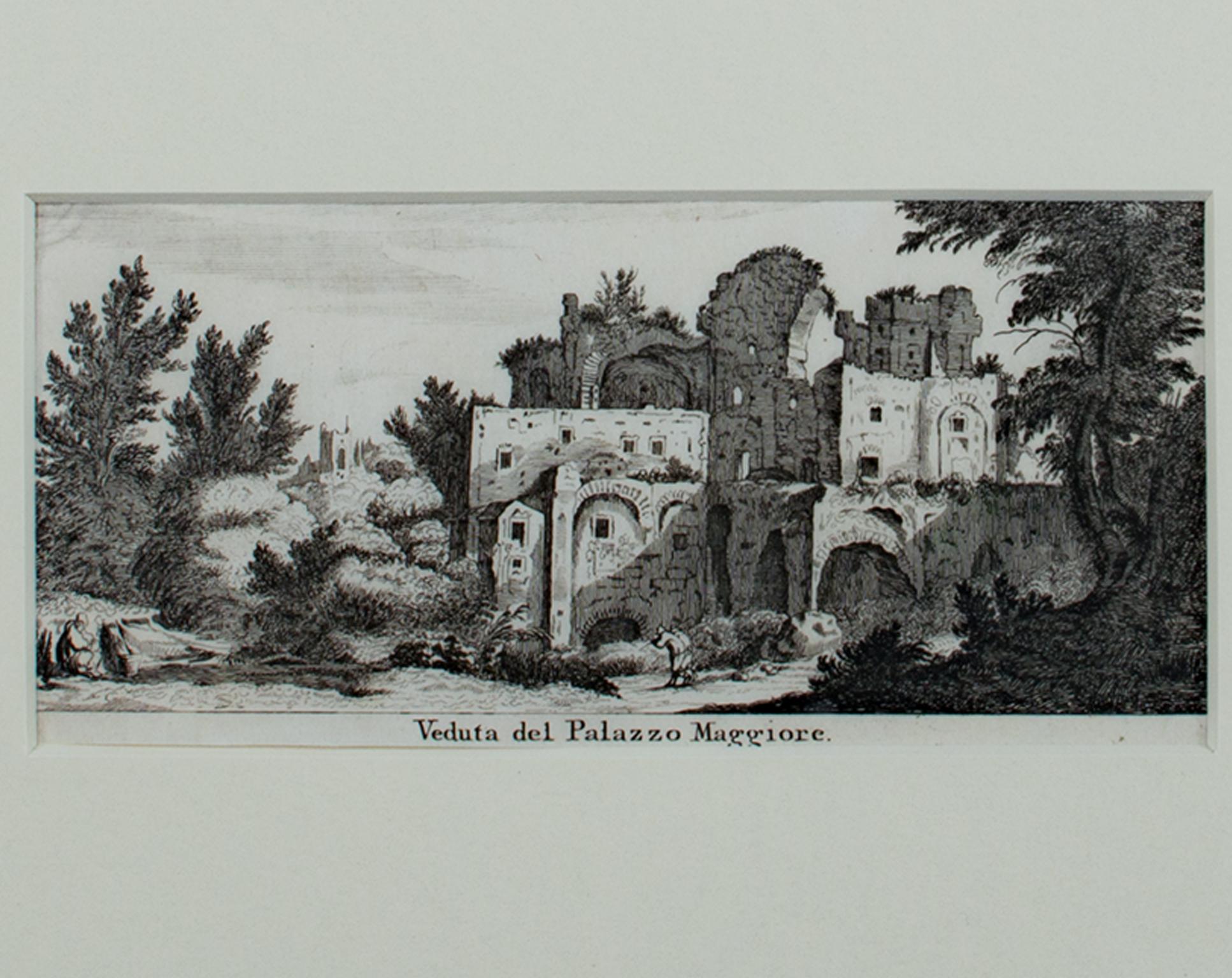 17th century engraving black and white landscape ancient building scene