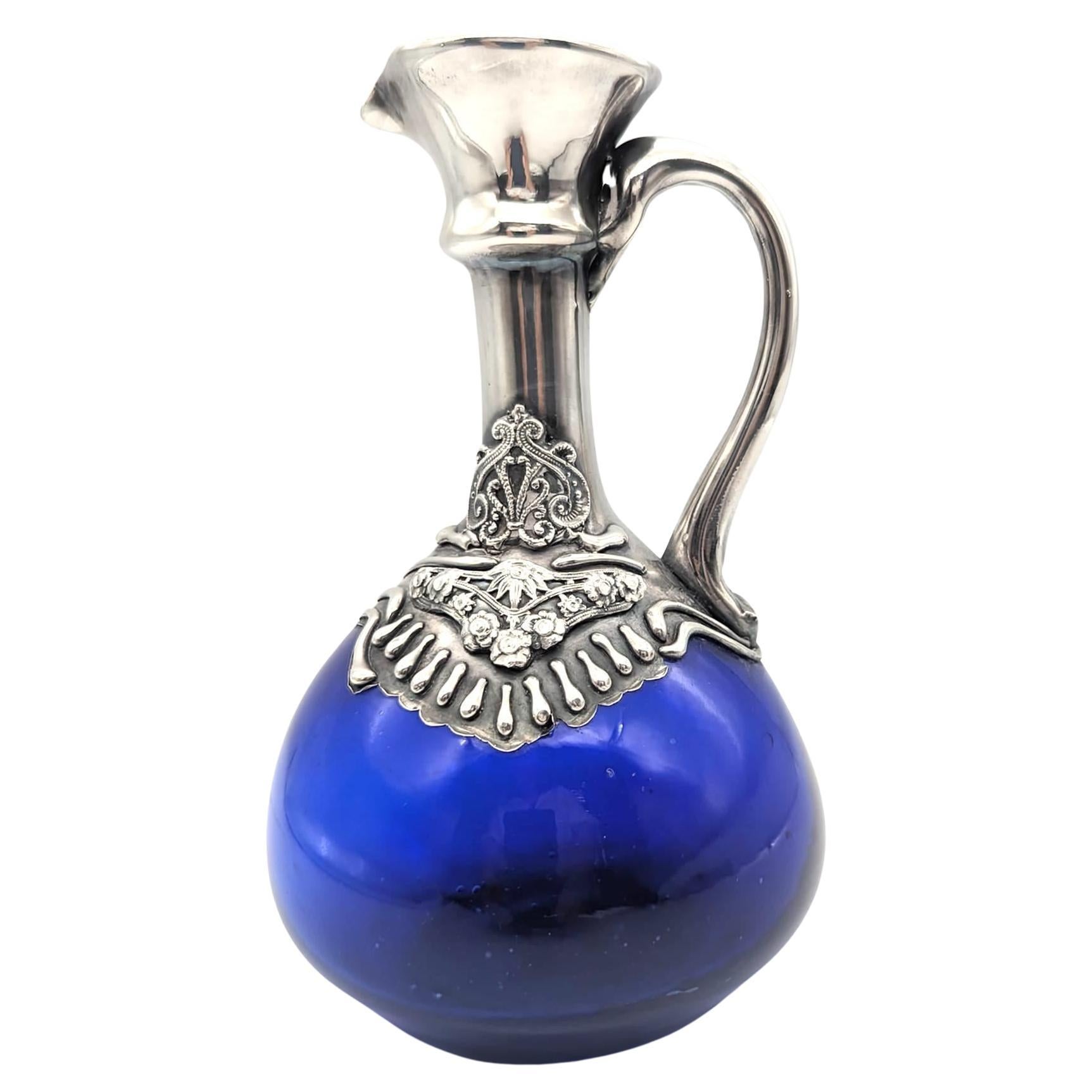 Israeli Blown Glass & Sterling Silver Carafe Pitcher