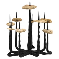 Israeli Brutalist Iron and Jerusalem Stone Octopus Menorah by David Palombo