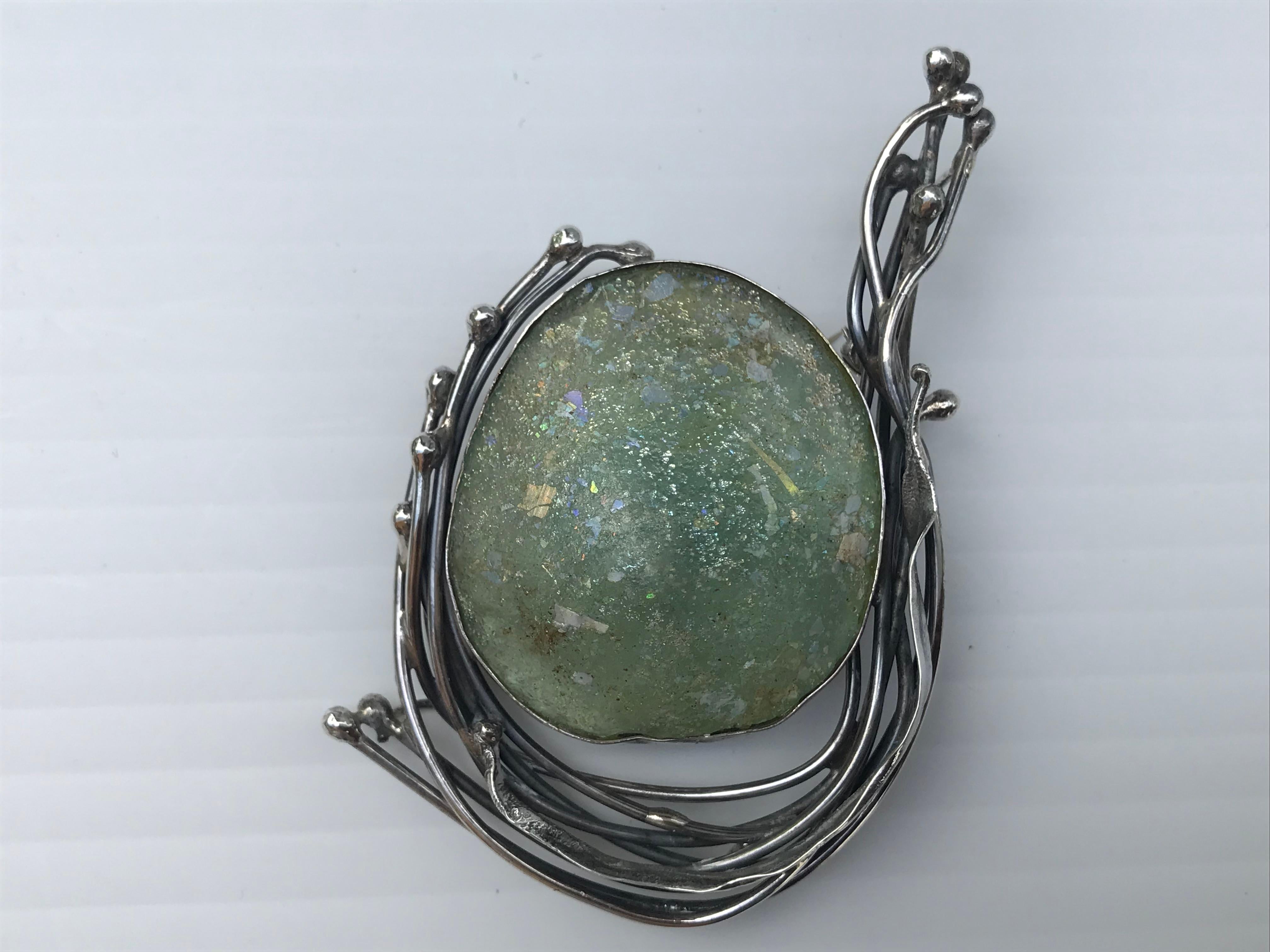 Cabochon Israeli Modernist Avi Soffer 925 Silver and Roman Glass Brooch For Sale