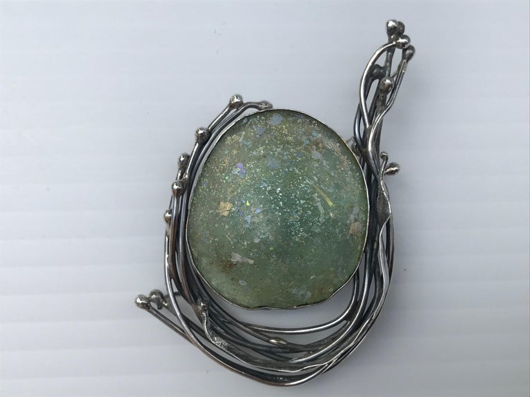 Israeli Modernist Avi Soffer 925 Silver and Roman Glass Brooch For