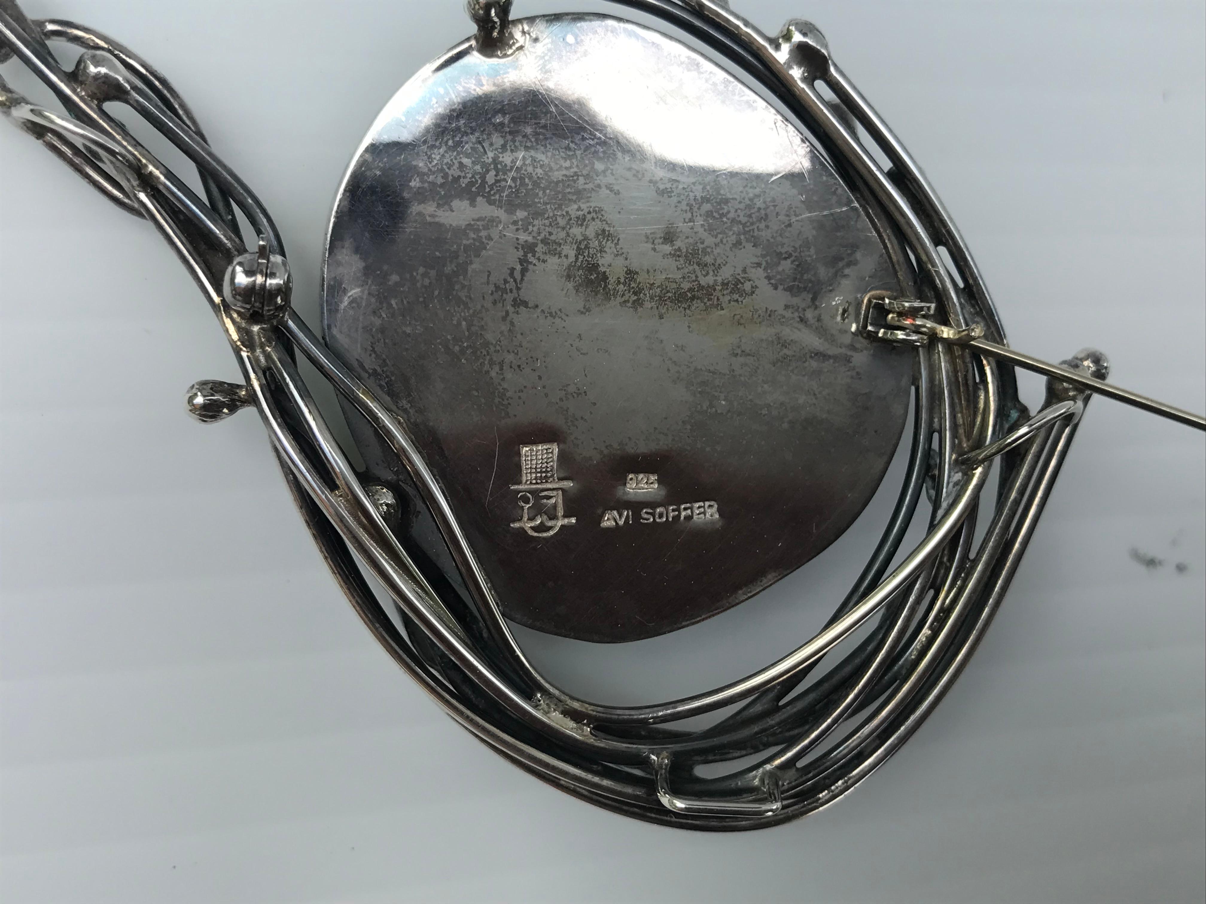Israeli Modernist Avi Soffer 925 Silver and Roman Glass Brooch In Good Condition For Sale In Montreal, QC