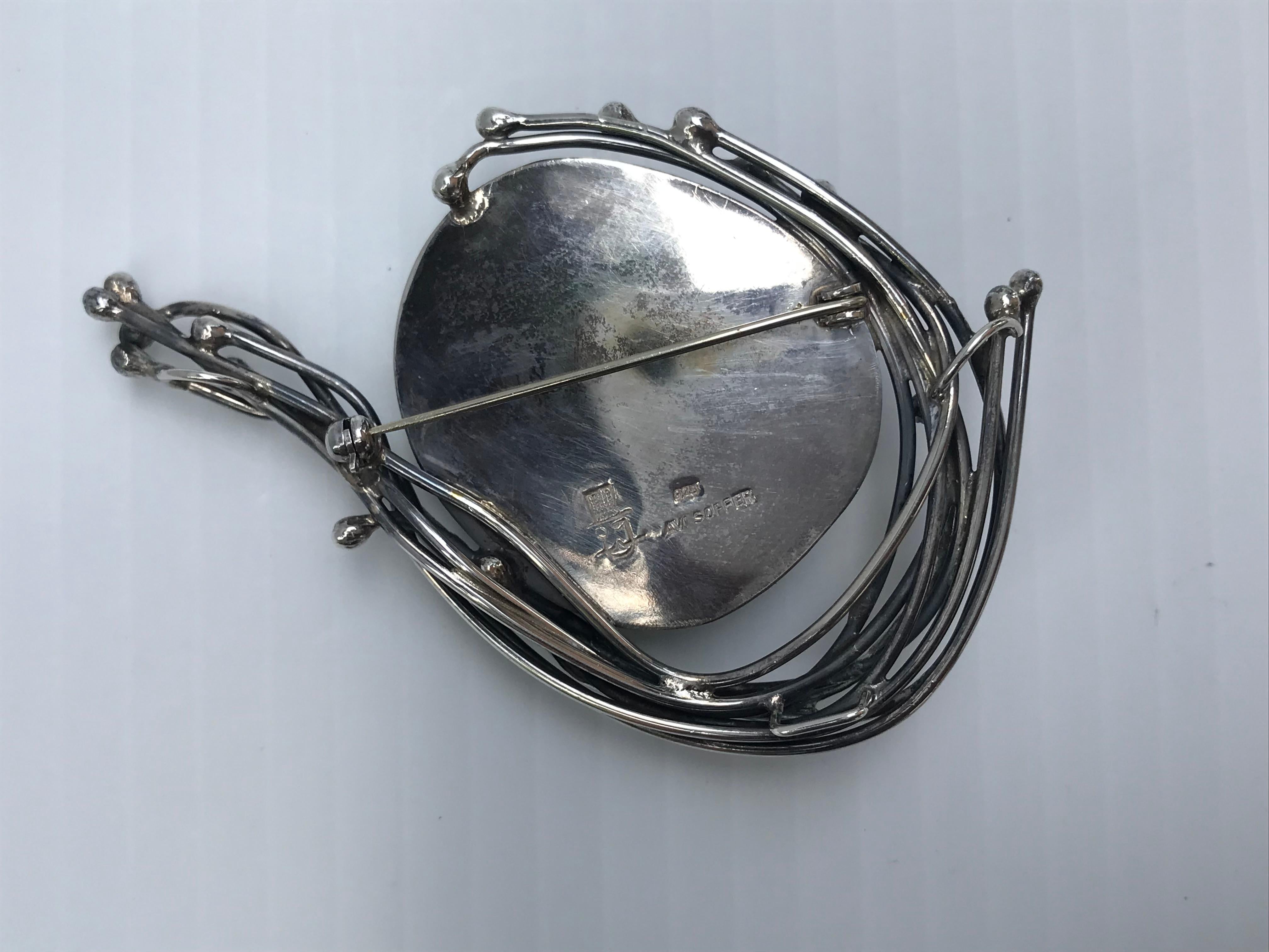 Women's Israeli Modernist Avi Soffer 925 Silver and Roman Glass Brooch For Sale