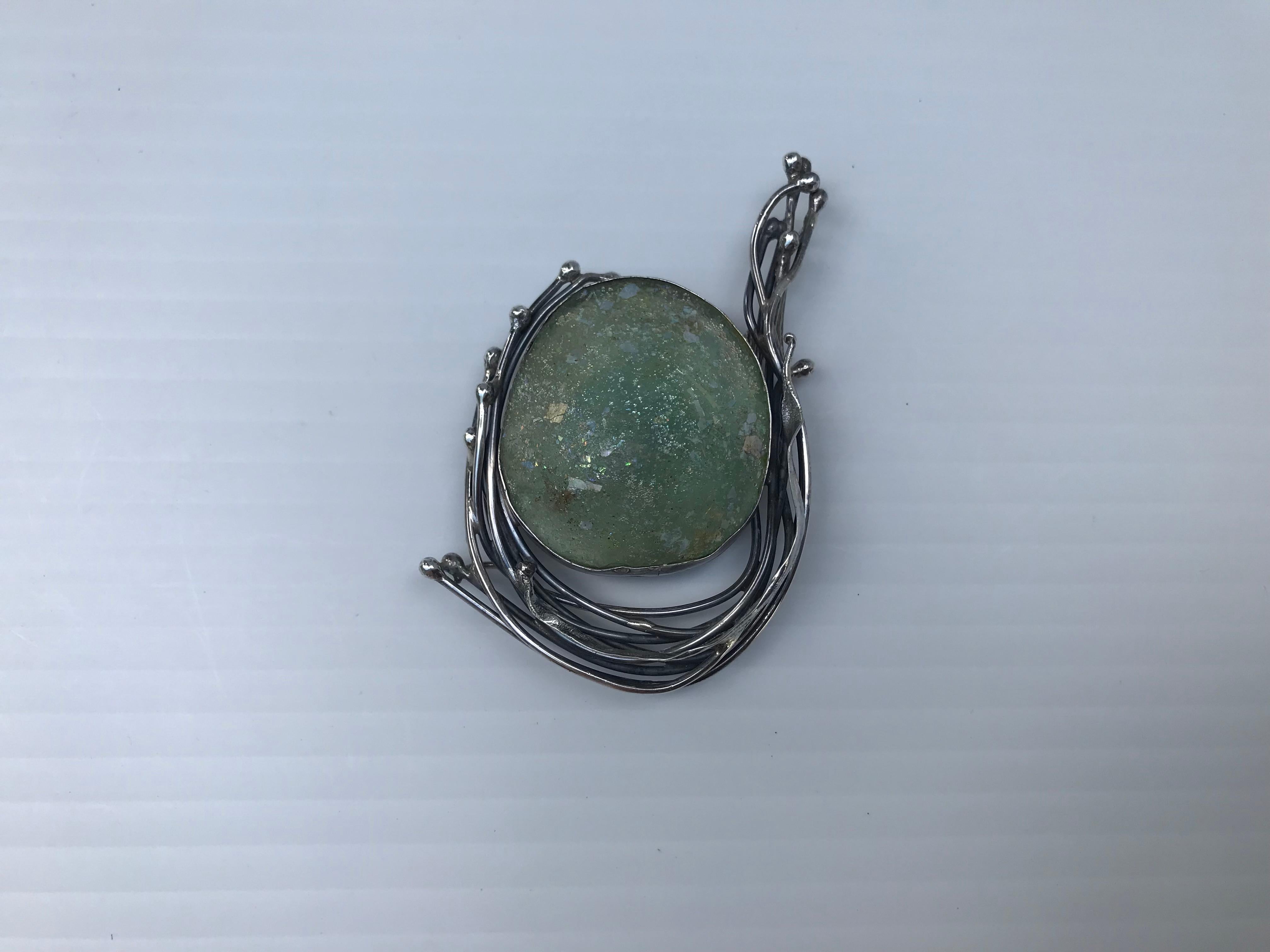 Israeli Modernist Avi Soffer 925 Silver and Roman Glass Brooch For Sale 1