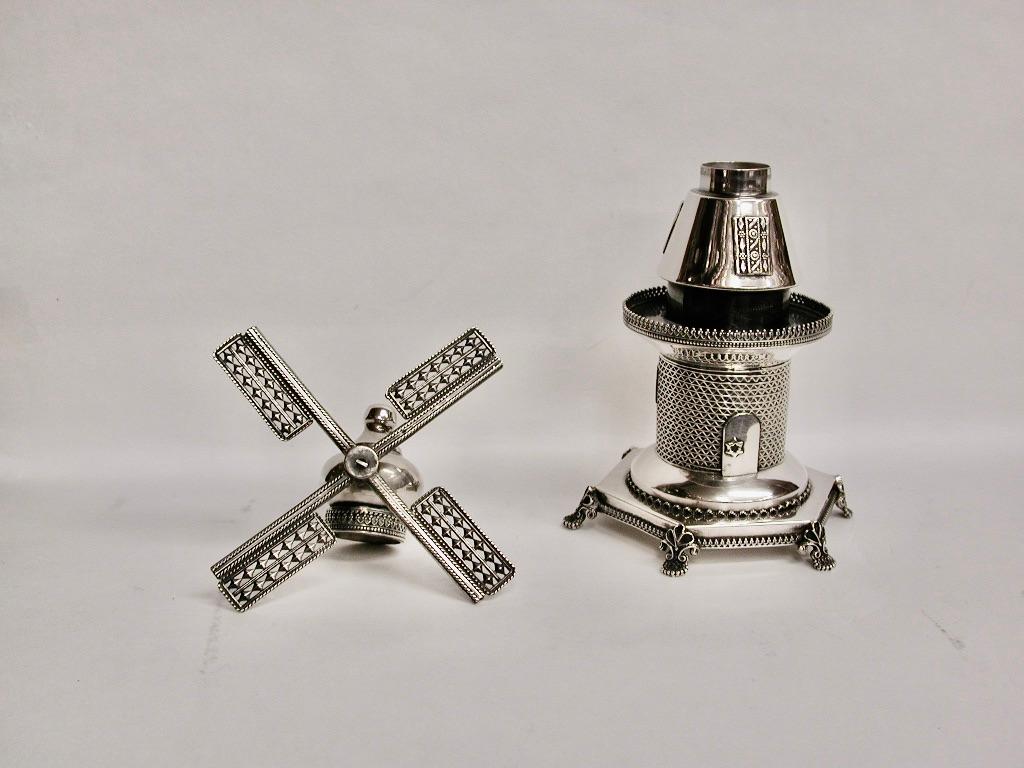 European Israeli Silver Windmill Spice Box, dated circa 1960 For Sale