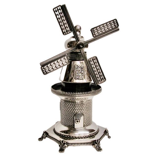Israeli Silver Windmill Spice Box, dated circa 1960 For Sale