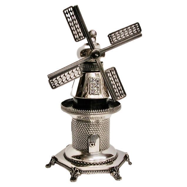 Israeli Silver Windmill Spice Box, dated circa 1960 For Sale