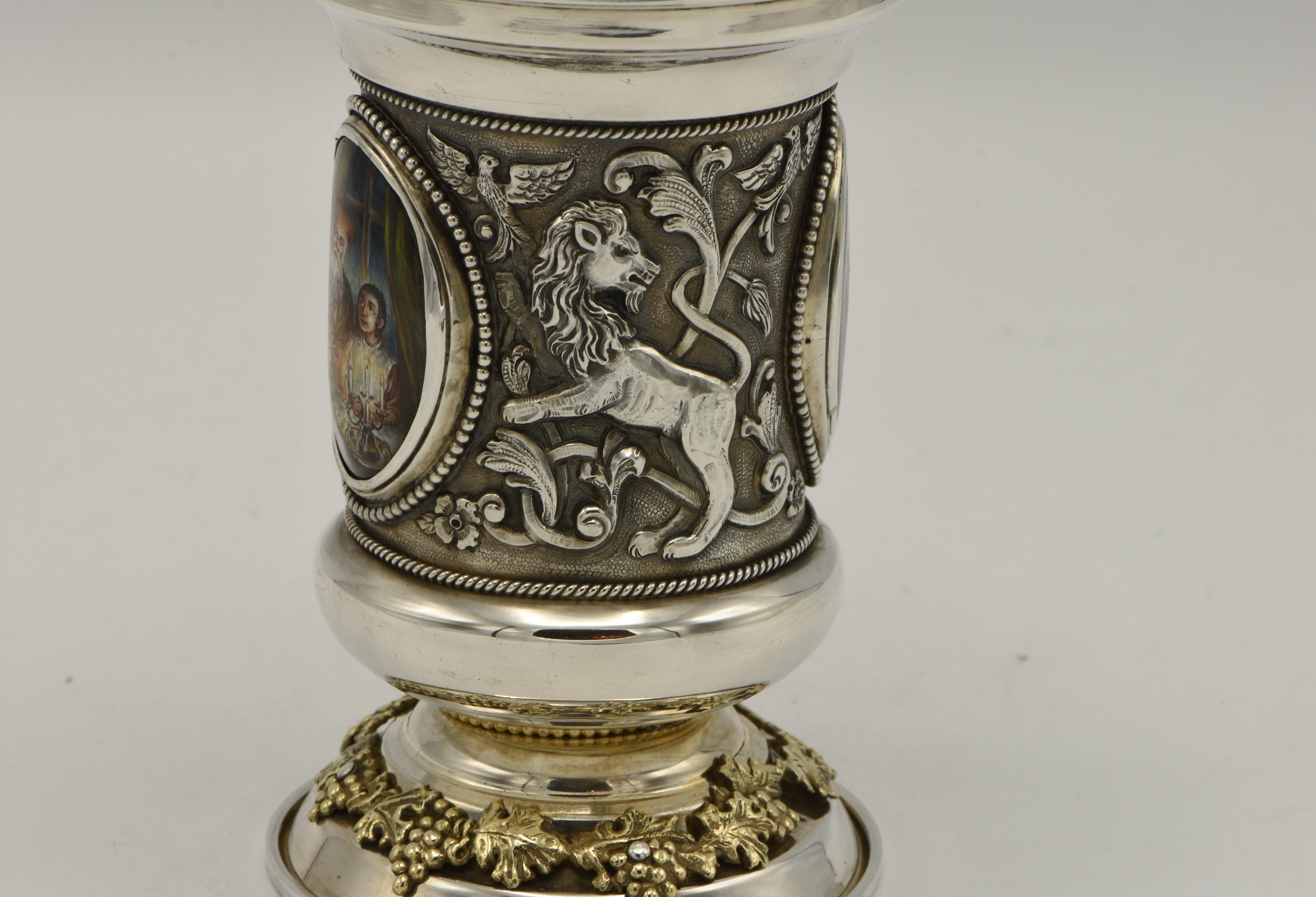 Israeli Sterling Silver and Enamel Kiddush Goblet by Y. Chaskelson In Excellent Condition In New York, NY